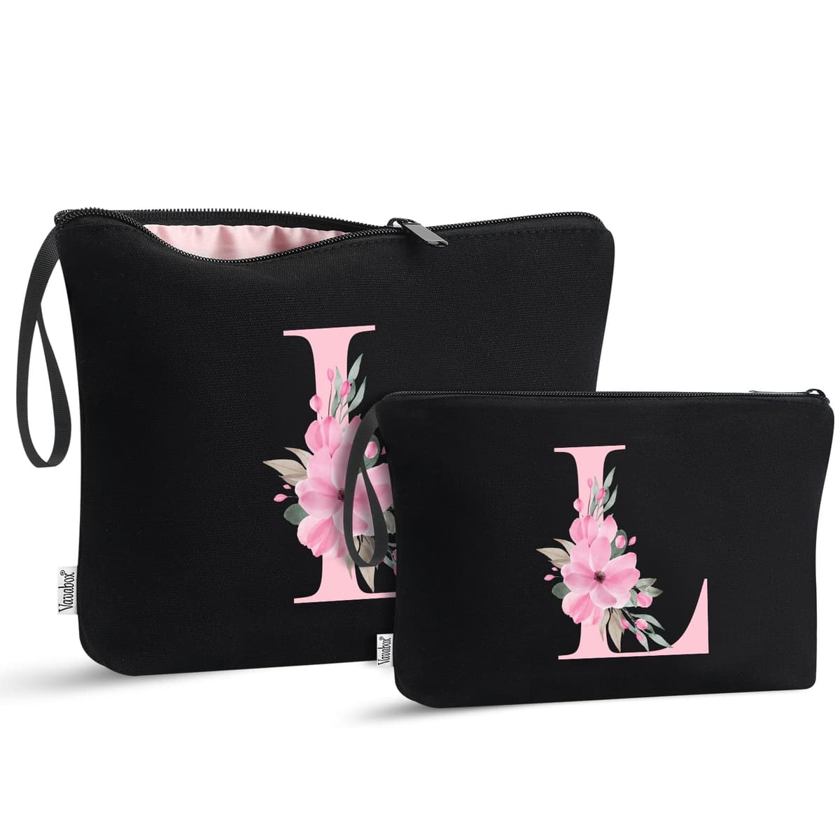 Vavabox 2 Pcs Initial Toiletry Bags Set,Birthday Gifts for Women,Travel Portable Toiletry Bag with Handle (L, Black)