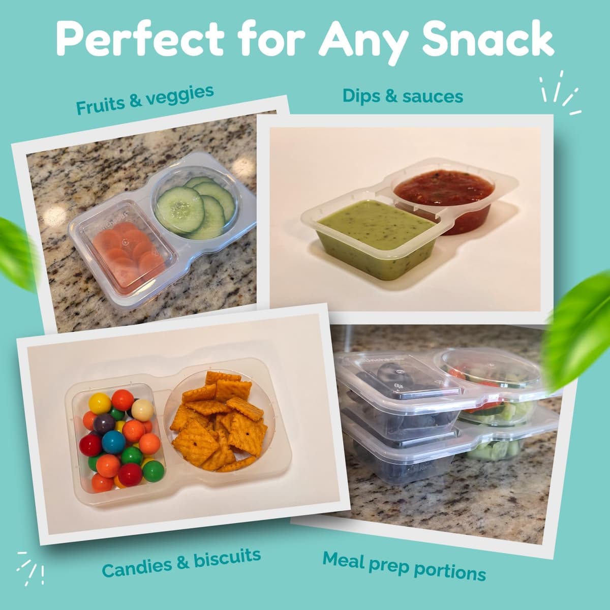 Reusable Snack Containers with Lids 10 Pack (20 Pieces) Portion control, Snack Pack Containers 2 Double Compartment Snack Containers for Kids On the Go Meals, Camping Snack Tray Prep — view 8