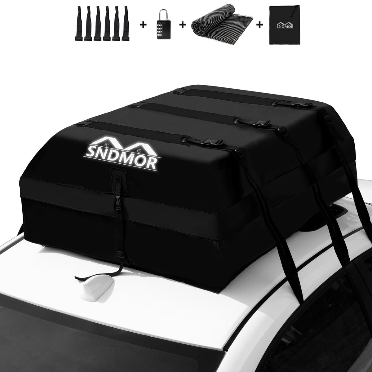 SNDMOR Bolsa de Techo, 595L/21 Pies Cúbicos de Equipaje de Techo Impermeable, Adecuada para Todos Los Vehículos con/Sin Portaequipajes, Incluye Alfombra Antideslizante + 6 Correas de Refuerzo (Negro)