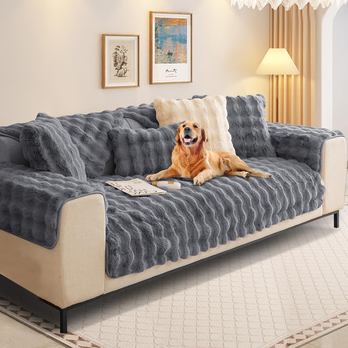 SHANNA Thick Rabbit Plush Sofa Cover 1 2 3 Seater, New Universal Non-Slip Corner Sofa Cover L Shape Super Soft Faux Fur Sofa Slipcovers for Living Room(Grey, 70 * 180cm Seater Cover)
