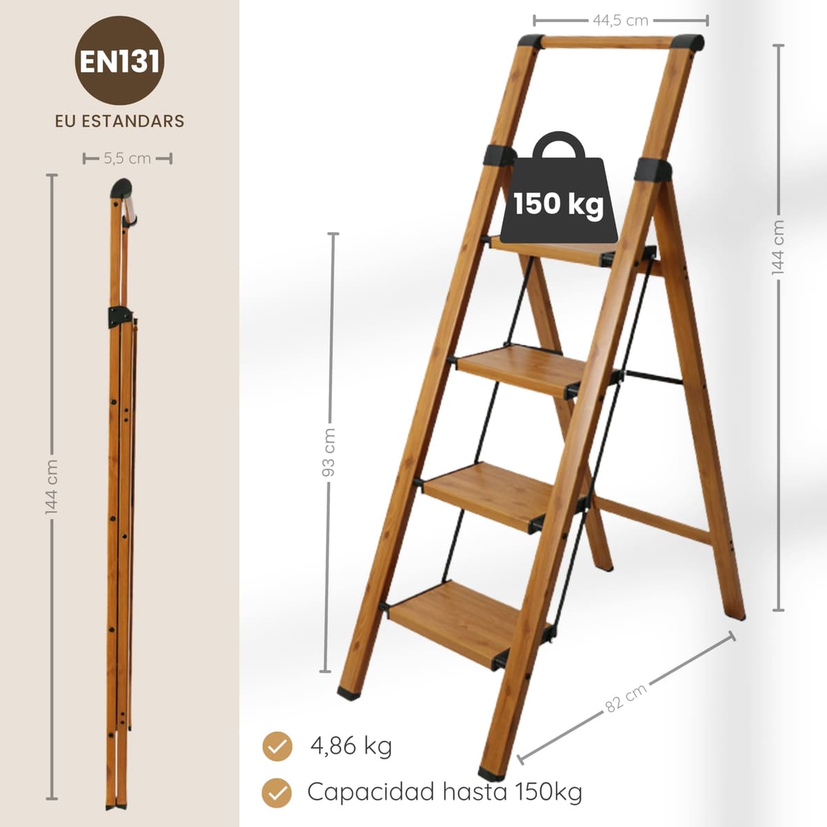 Escalera Plegable de Aluminio Efecto Madera para hogar, 4 peldaños, peldaños Anchos Antideslizantes, EN 131 — view 3