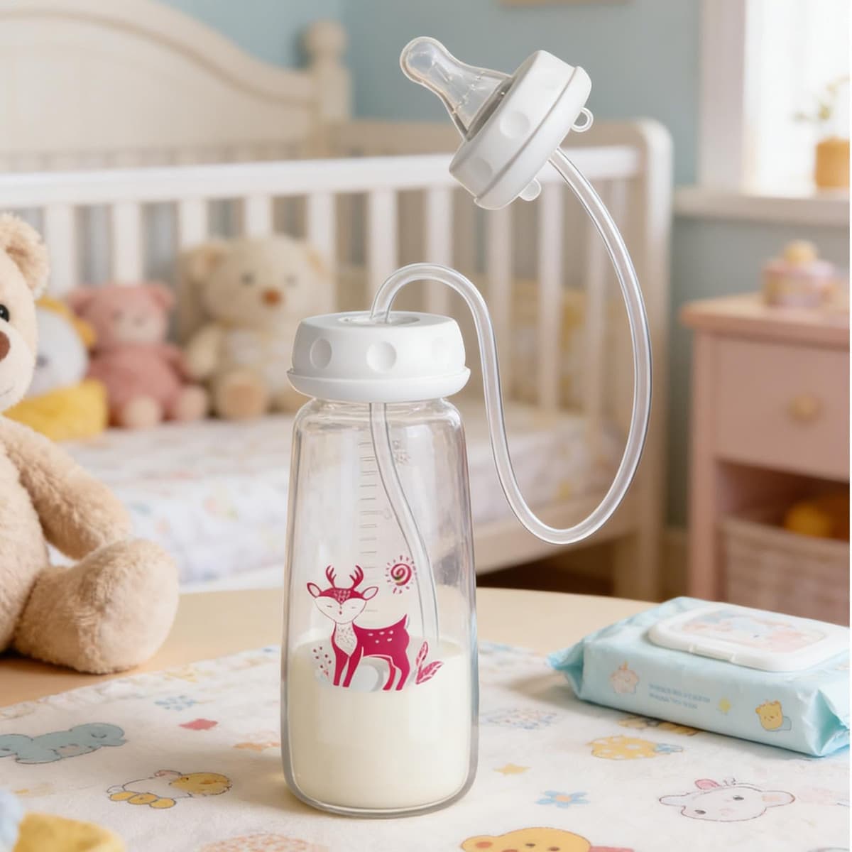 2 Anti-Colic Feeding Bottle - 240ml Silicone Feeder with Nipple Straw, Adjustable Fast Flow Milk Bottle for Kids 3 Months and Older, Home Bedroom Living Room Hotel Travel Camping — view 8