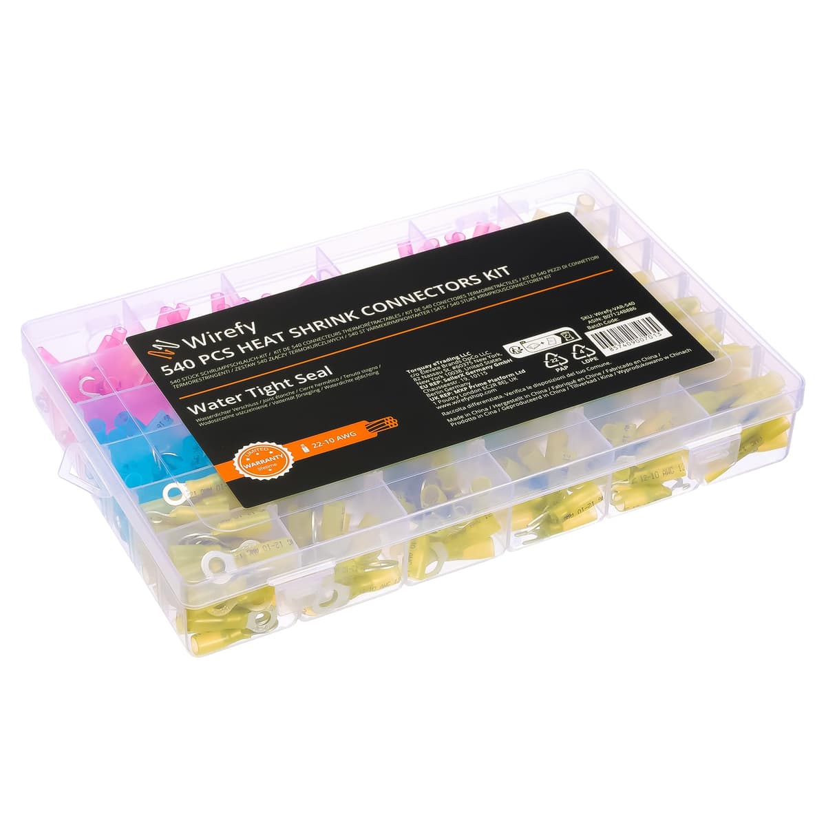 Wirefy Surtido de Conectores Electricos Termorretráctil con 540 Piezas - Kit de Terminales para Automoción - Redondos, Horquilla, Gancho, Planos & a Tope - 0,5-6mm² — view 4