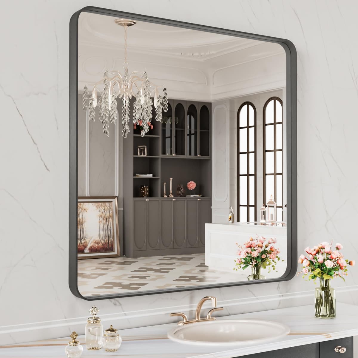 LOAAO 48”X36” Gold Bathroom Mirror, Rounded Rectangle Gold Frame Mirror, Brushed Gold Bathroom Vanity Mirror Wall-Mounted, Anti-Rust, Tempered Glass, Hangs Horizontally or Vertically — view 79