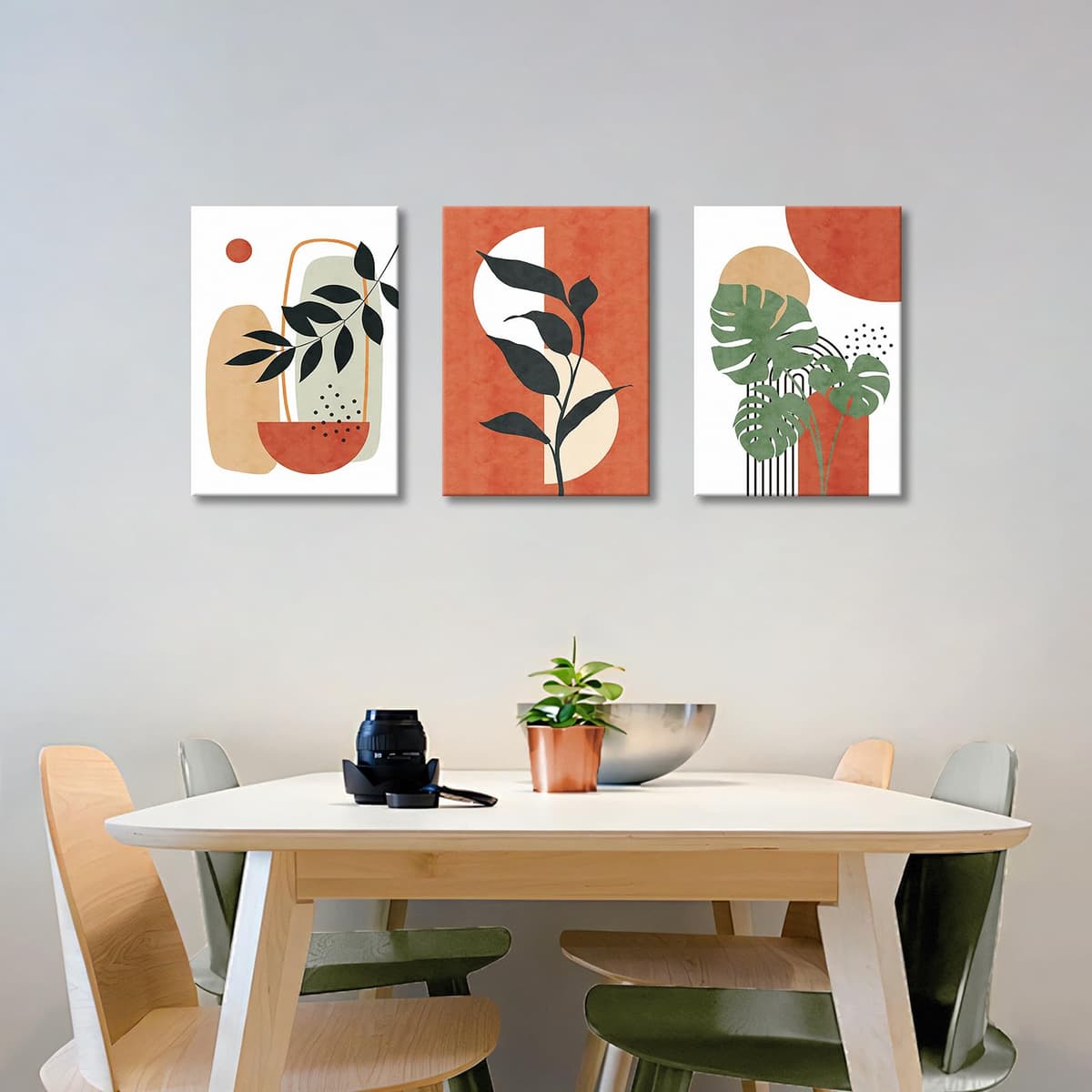 3Pcs Wooden Framed Boho Canvas Wall Art Orange Abstract Leaves And Sun Painting Canvas Prints Nordic Minimalist Geometric Picture for Living Room Bedroom Hallway Home Wall Decor 120x60cm(16"x24"x3pcs) — view 2