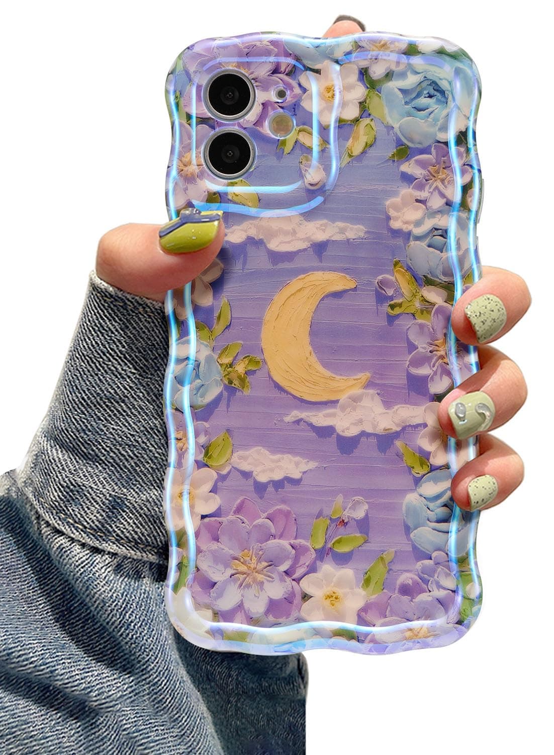 EYZUTAK Case for iPhone 17 Pro, Colorful Retro Oil Painting Printed Flower Laser Glossy Pattern Cute Curly Wave Edge Exquisite Phone Cover Stylish Durable TPU Protective Case for Girl Women-Green — view 95