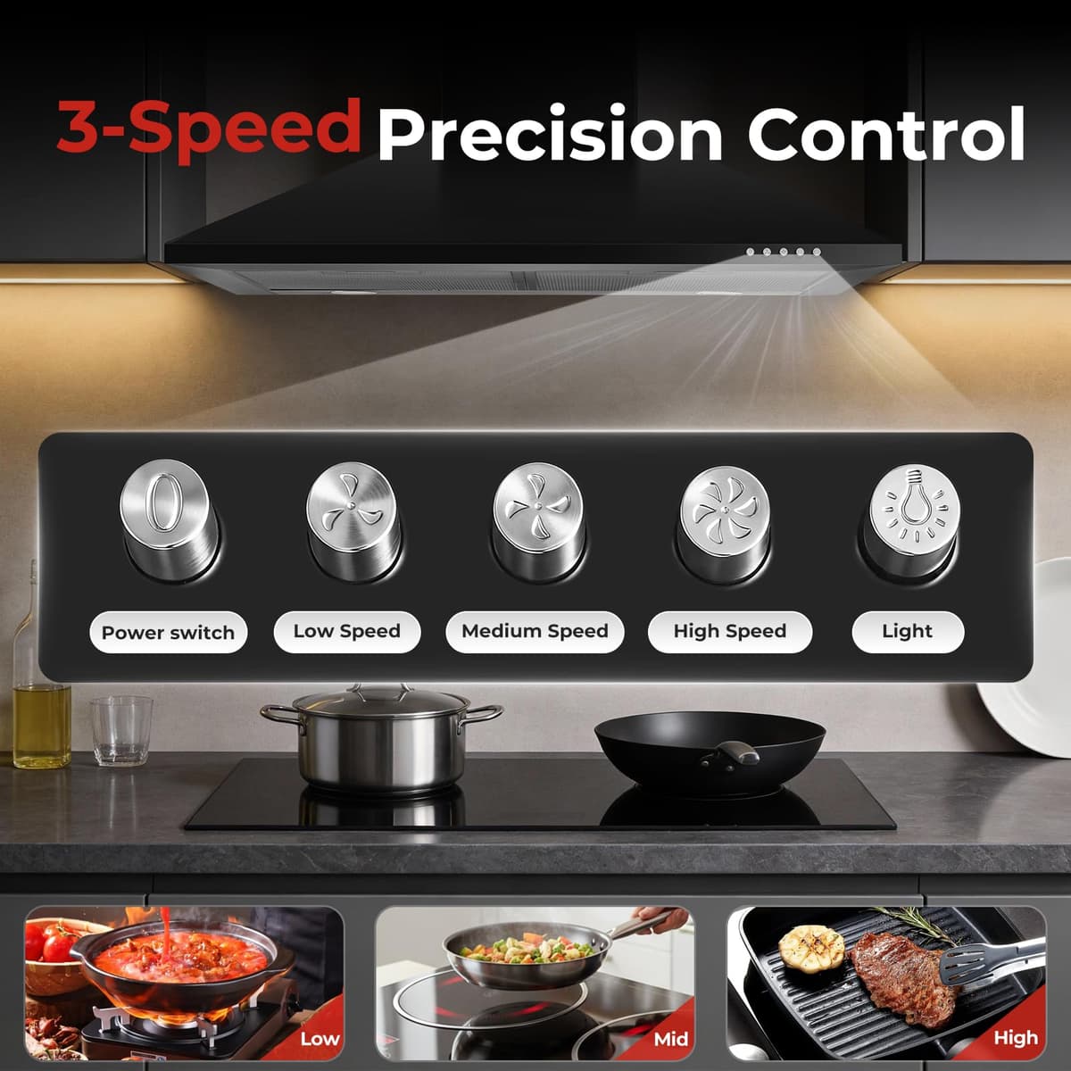 SNDOAS 60 cm Cooker Hood, Extractor Hood, Class A+++, 3-Speed Wall Mounted Range Hood, 400m³/h Extractor Fan kitchen with Carbon Filters, Black — view 3