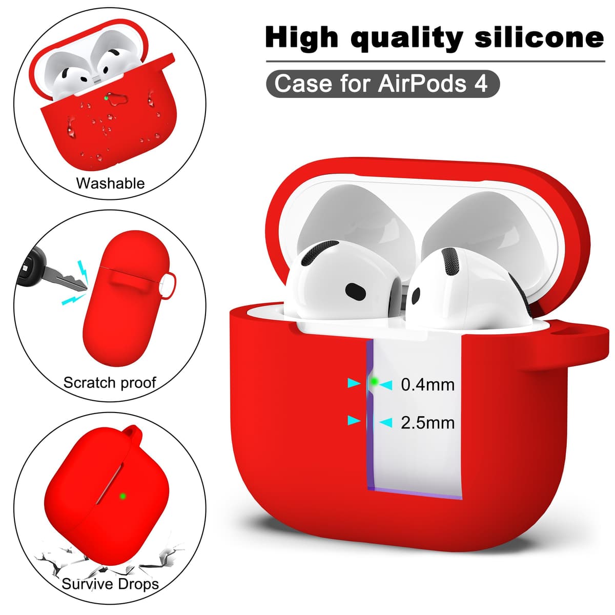 R-fun Funda para AirPods 4 con Kit de Limpieza, Case de Silicona Suave con Llavero, Funda Protectora Completa para Hombres y Mujeres, Compatible con Apple Latest Airpods 4th, Rojo — view 6