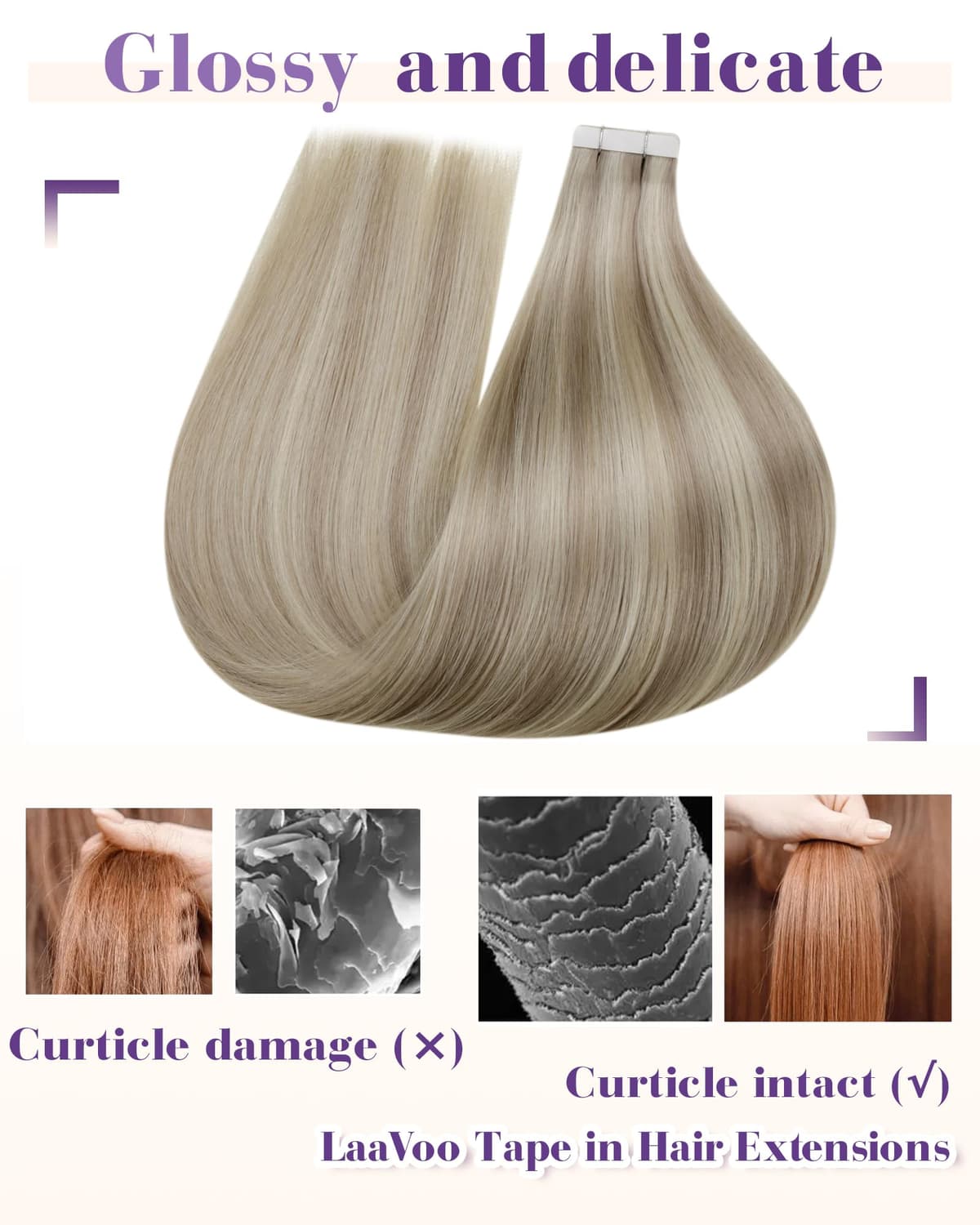 LaaVoo Tape in Hair Extensions Human Hair Blonde Tape Hair Extensions Real Human Hair Invisible Tapes Remy Straight Balayage Brown to Blonde Hair Double Sided Tabs 20pcs 50g 16 Inch #8/18/60 — view 36
