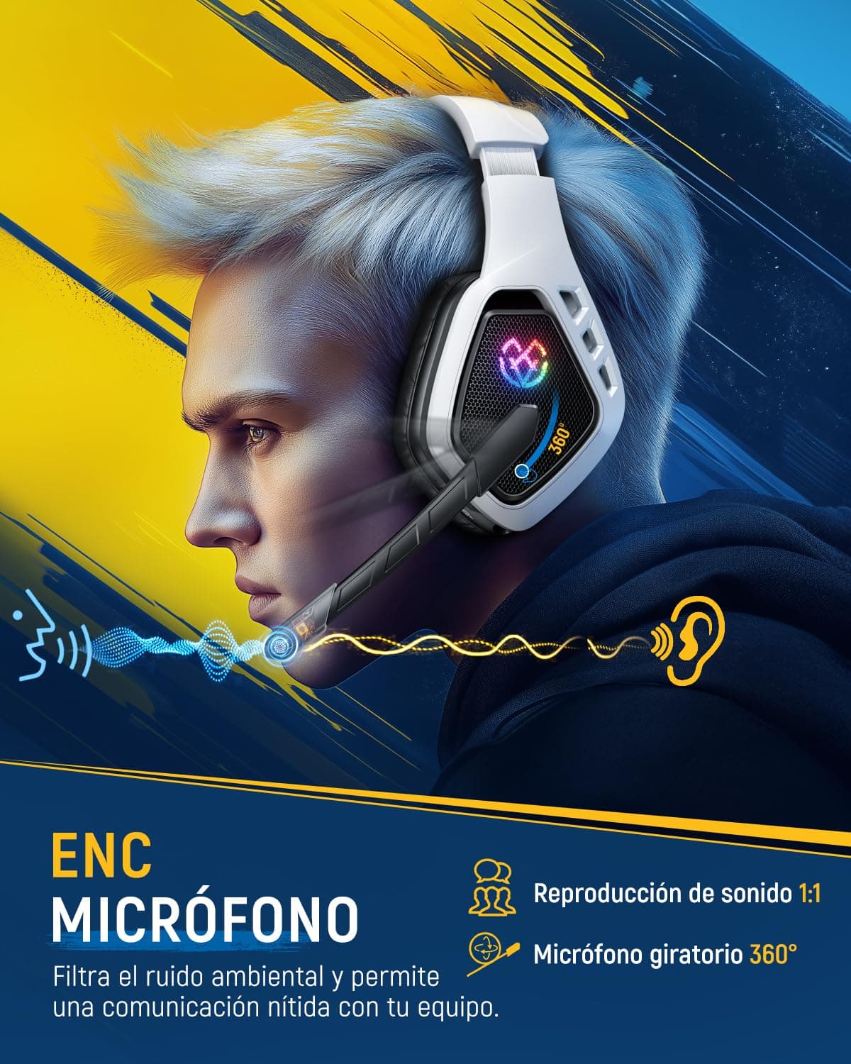 Tatybo Cascos Gaming Inalámbricos 7.1 para Ps5/Ps4/PC, Auriculares Bluetooth con Micrófono con Cancelación de Ruido, 2.4GHz USB-C, 40H+ Batería para Switch/Mac/Portátil — view 4