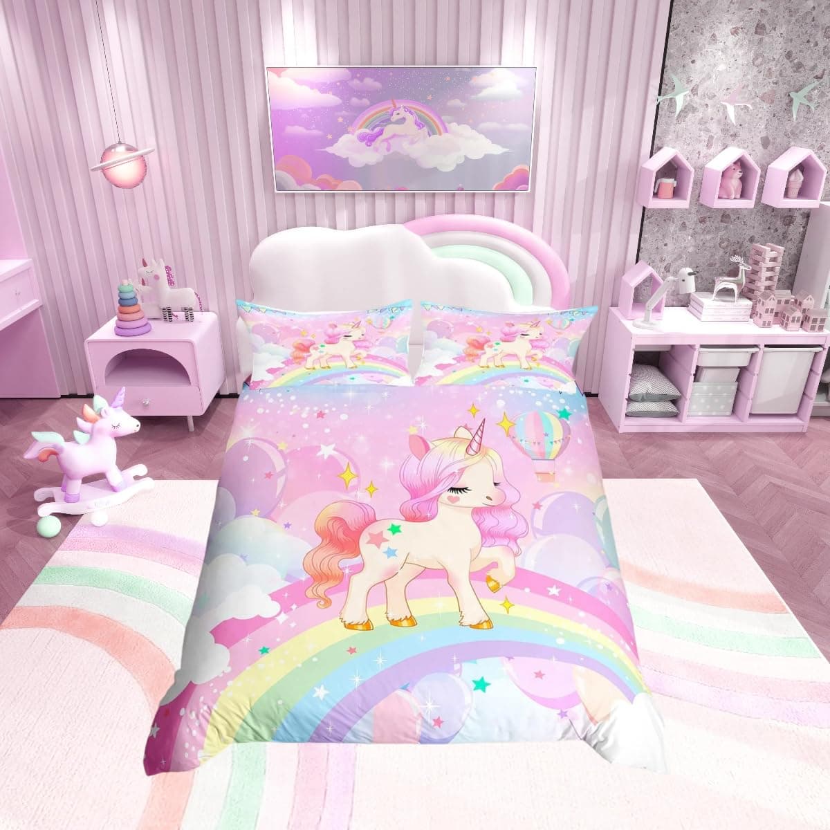 Loussiesd Juego de cama para niñas, diseño kawaii de unicornio y arcoíris, funda nórdica de dibujos animados, galaxia, estrellas, animales, 1 funda de almohada, tamaño individual