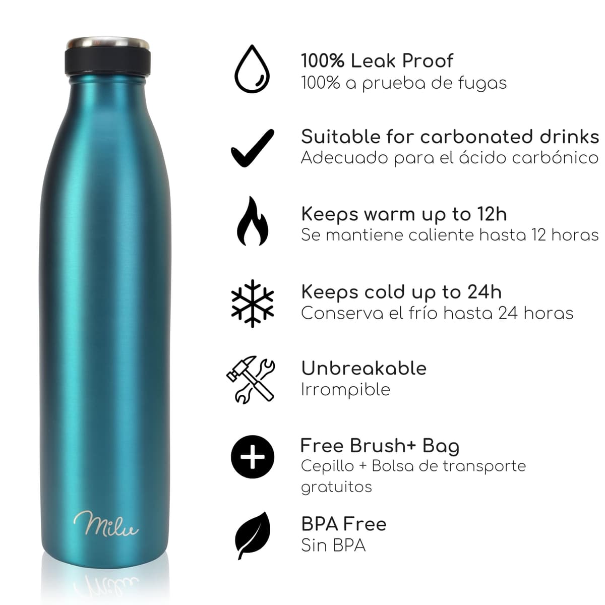 Milu Botella de acero inoxidable de 350ml 500ml 750 ml 1 L 1,5 L botella de agua aislada, termo a prueba de fugas, doble pared, apta para ácido carbónico + cepillo de limpieza (Azul Violeta, 350ml) — view 25