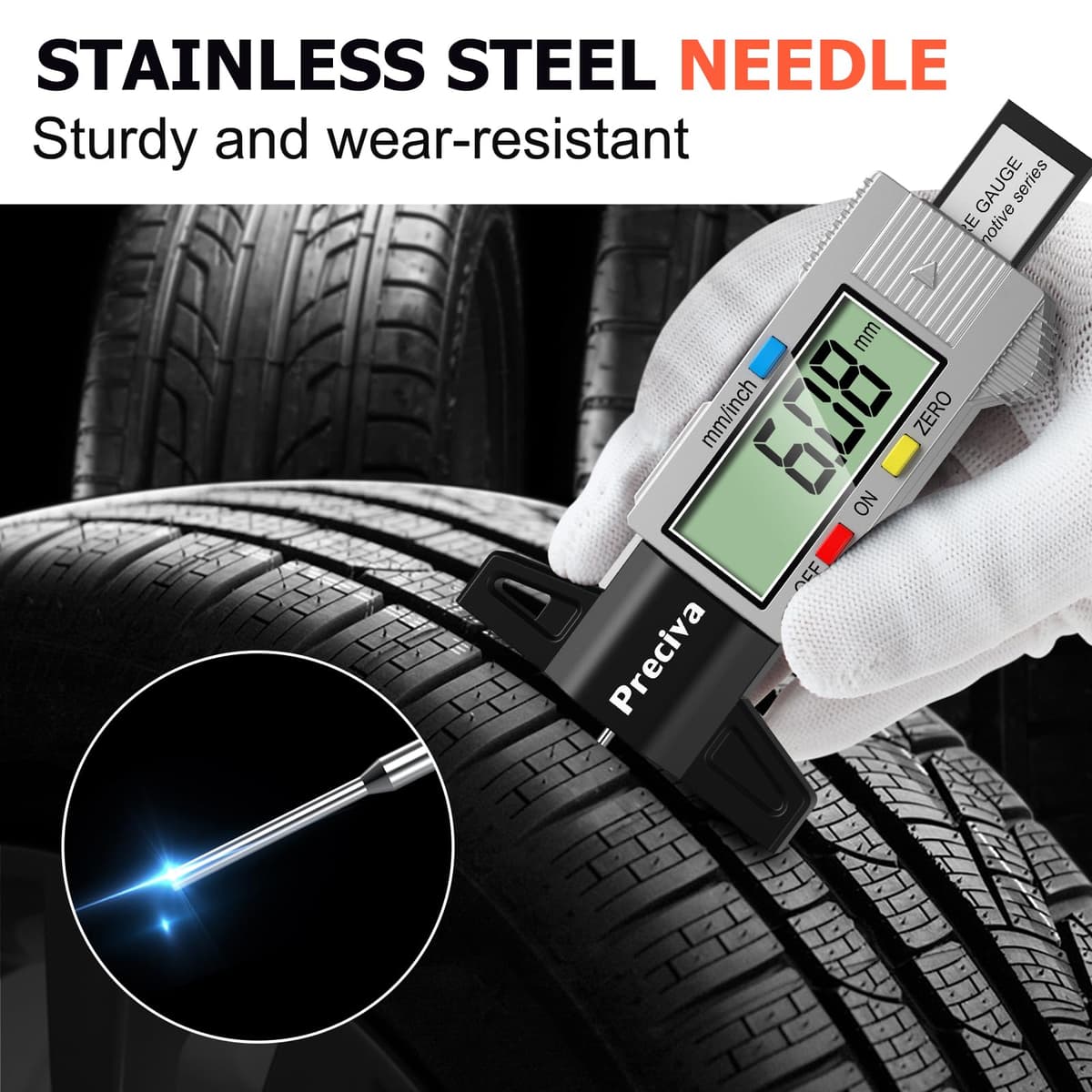 Tyre Tread Depth Gauge, Preciva Silver 0-25.4mm/Inch Digital Tire Checker UK, Tyres Depths Measuring Tool with Large LCD Screen for Cars, Trucks, Vans — view 3