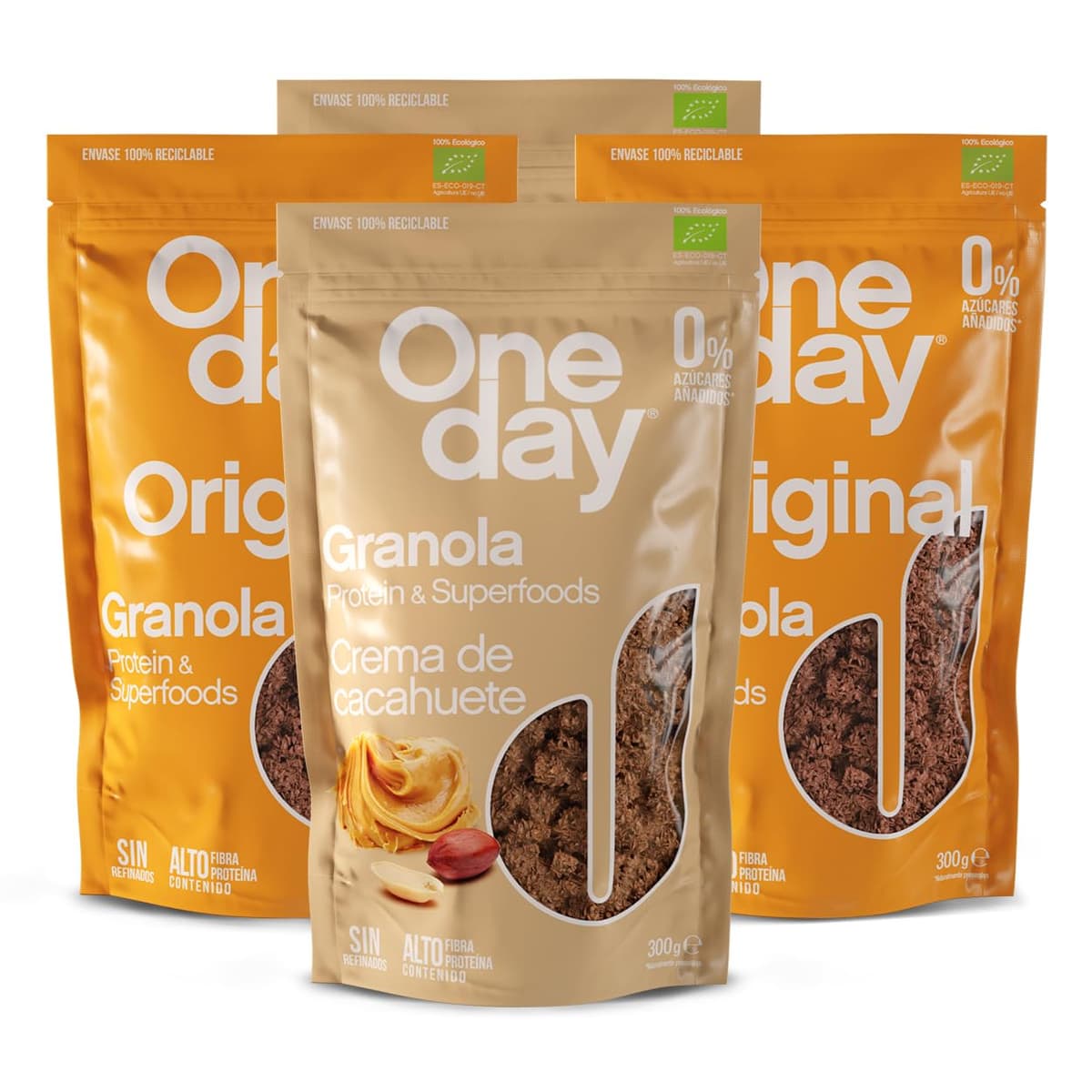 ONE DAY Granola Ecologica, Sin Azucares Añadidos, Alto en Proteína con Superfoods, Altro en Fibra, Pack 4 Variado x 300g (Pack Original x2 + Chocolate x2) — view 3