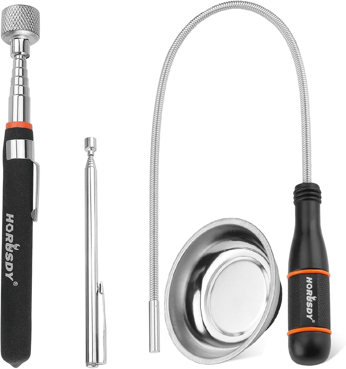 HORUSDY 4-Pack Telescoping Magnetic Pickup Tool - Extendable Magnetic Pick Up Tools，Flexible Bendable Spring Magnet Stick with Magnetic Tool Tray