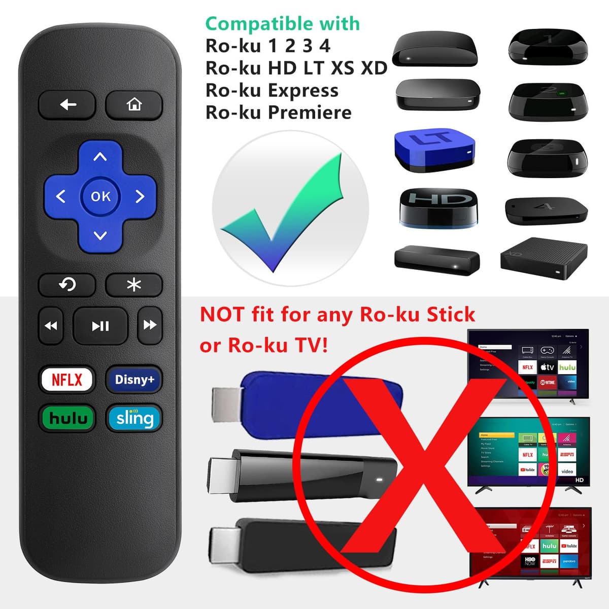 Replacement Remote Control for Roku 1 2 3 4 HD LT XS XD, Roku Express 3900R, Roku Premiere 4620XB 4210XB 3900R 2500R 2700R 2450XB - NOT for Any Roku Stick or Roku TV — view 2