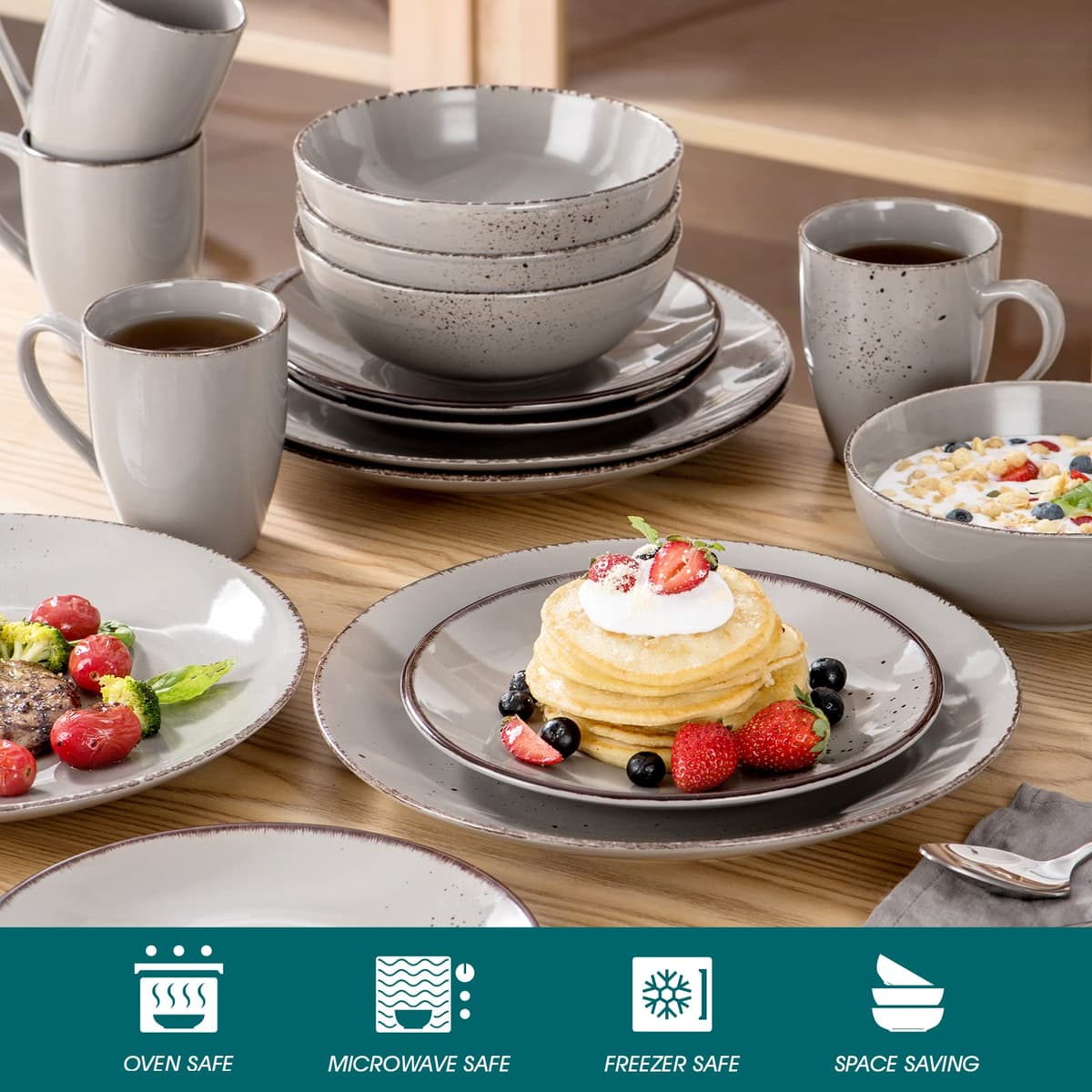 vancasso Navia Jardin Dinner Set, Stoneware Vintage Look Grey Dinnerware Tableware, 16 Pieces Dinner Service Set for 4, Including Dinner Plates, Dessert Plates, Cereal Bowls and Mugs — view 4