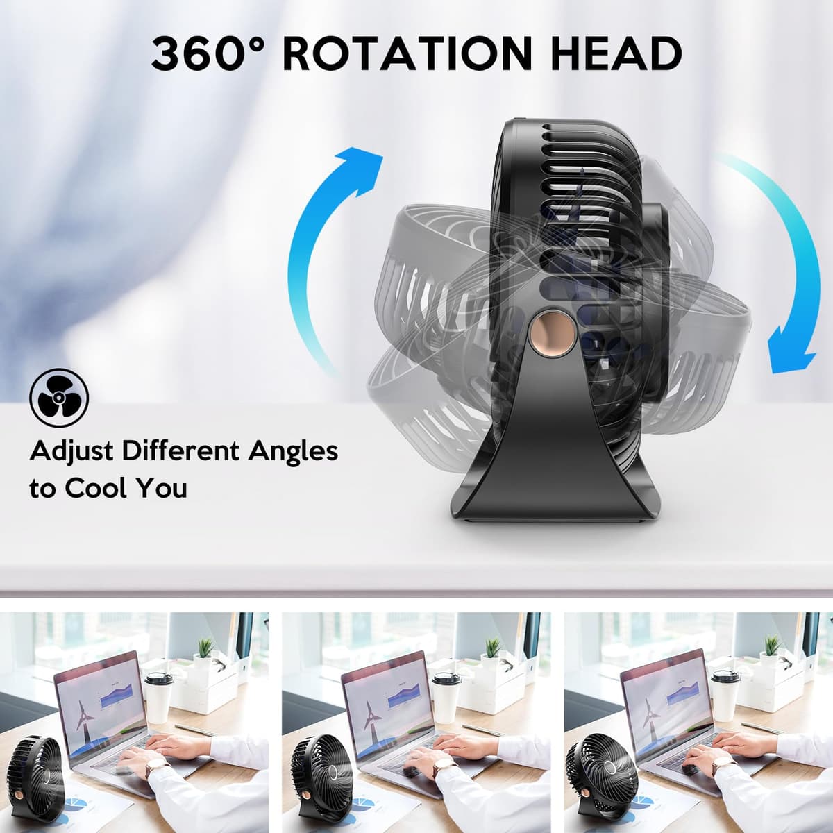Ventilador de Mesa, Mini Ventilador USB Silencioso, 5 Velocidades,Personal Portátil Ventilador de Escritorio, para Oficina/Hogar/Viajar/Acampar/Cocina, Alimentado por USB (Negro) — view 3