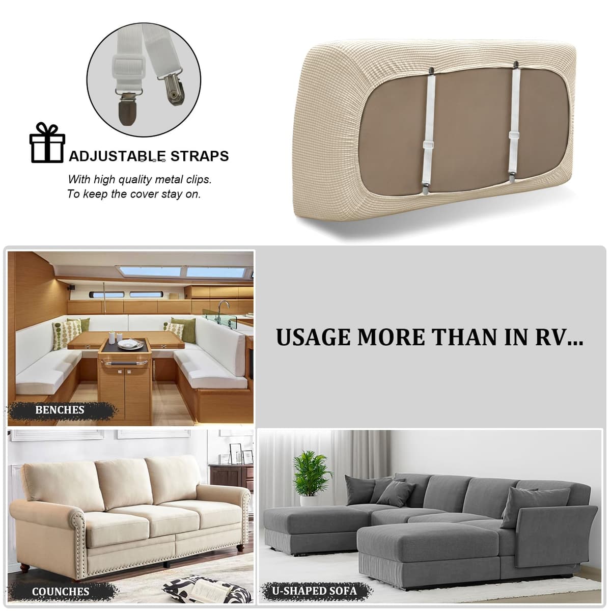SYLC Caravan Seat Cover Stretch Jacquard, Non-slip RV Dinette Cushion Covers with 2 Straps, Couch Cushion Covers for Camper Sofa Bench (Beige,W 45-65 cm, D 45-65 cm) — view 4