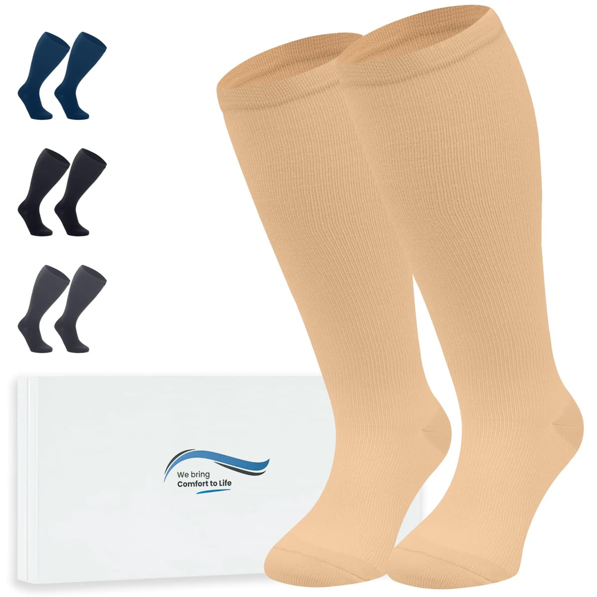 360 Relief Medias de Compresión Mujer y Hombre - 1 Par Calcetines de Compresión para Deportes, Correr, Volar, Viaje, Trabajo, Footing - S/M Beis con Bolsa de Malla — view 86