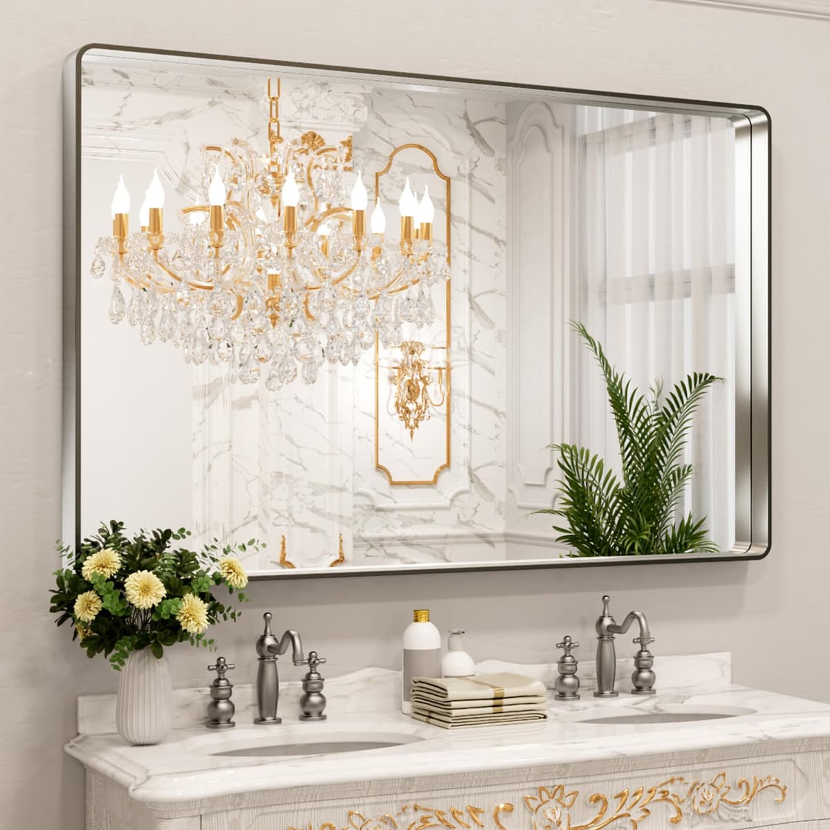LOAAO 48”X36” Gold Bathroom Mirror, Rounded Rectangle Gold Frame Mirror, Brushed Gold Bathroom Vanity Mirror Wall-Mounted, Anti-Rust, Tempered Glass, Hangs Horizontally or Vertically — view 103