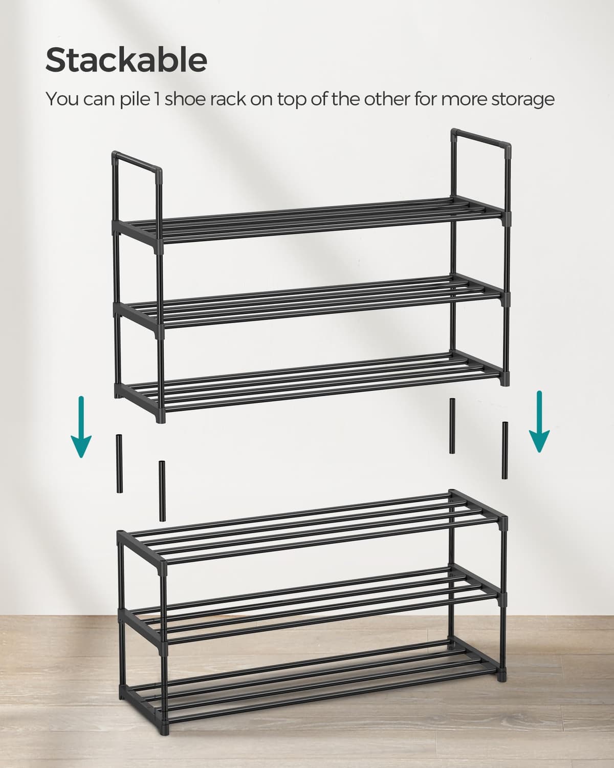 SONGMICS 3-Tier Shoe Rack, Shoe Storage Organiser, Metal Storage Rack, Upright or Upside Down, Fits 16 to 20 Pairs, Stackable, for Hallway, 30 x 92 x 55 cm, Black LSA303B02 — view 7