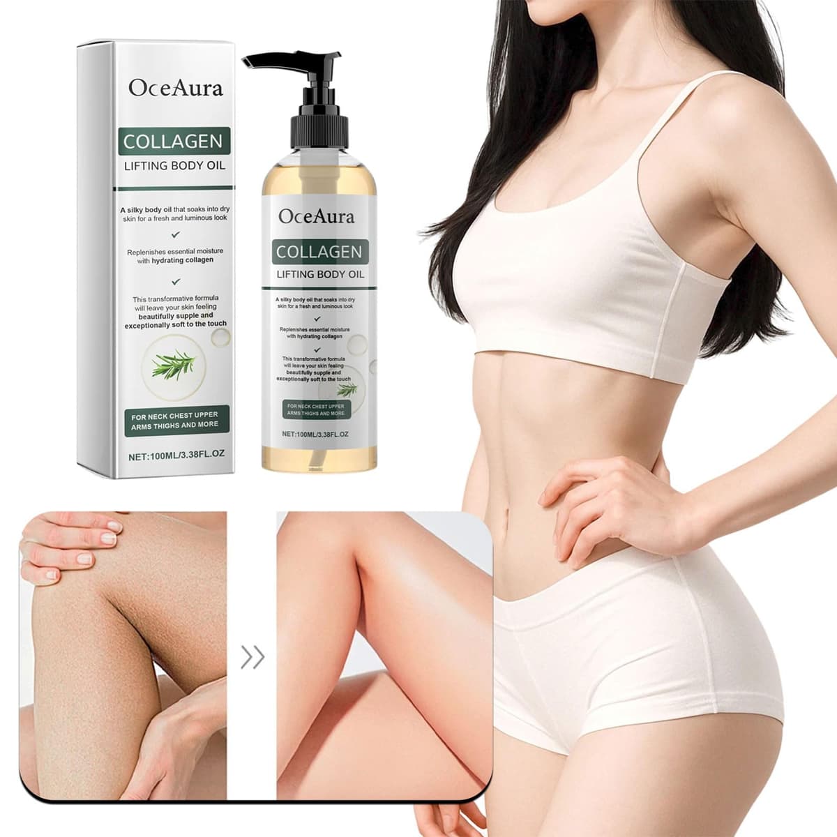OceAura colageno aceite corporal, OceAura aceite corporal reafirmante - 100ml, Corporal Nutritivo, Arrugas Y Estrías En Cuello, Pecho, Brazos (1 botella) — view 2