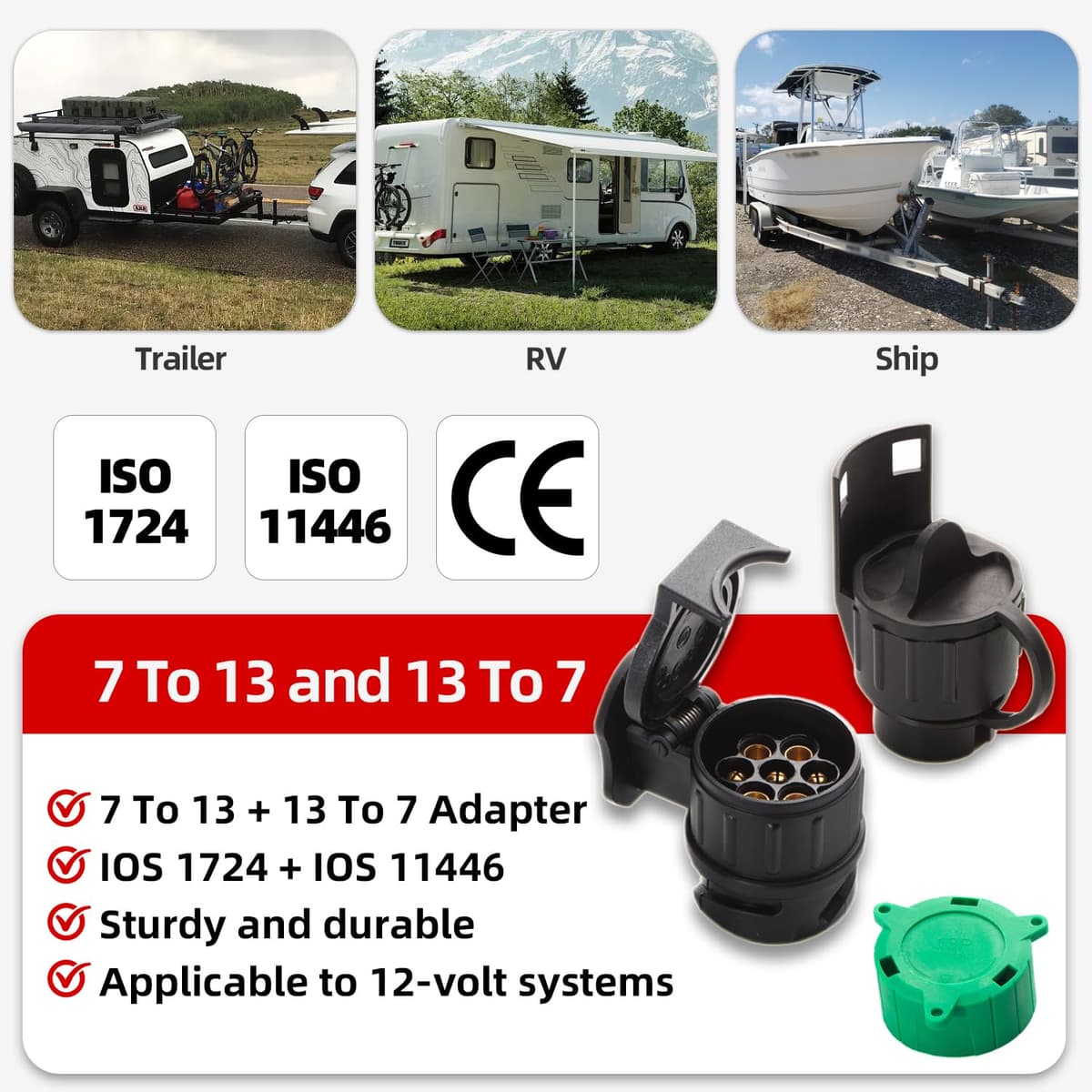 Adaptador de Remolque de 7 a 13 Pines y Adaptador de Remolque de 13 a 7 Pines - 12V - ISO 1724 e ISO 11446 - para Caravana Remolque Automóvil - Cubierta De Goma + Tapa Verde — view 5