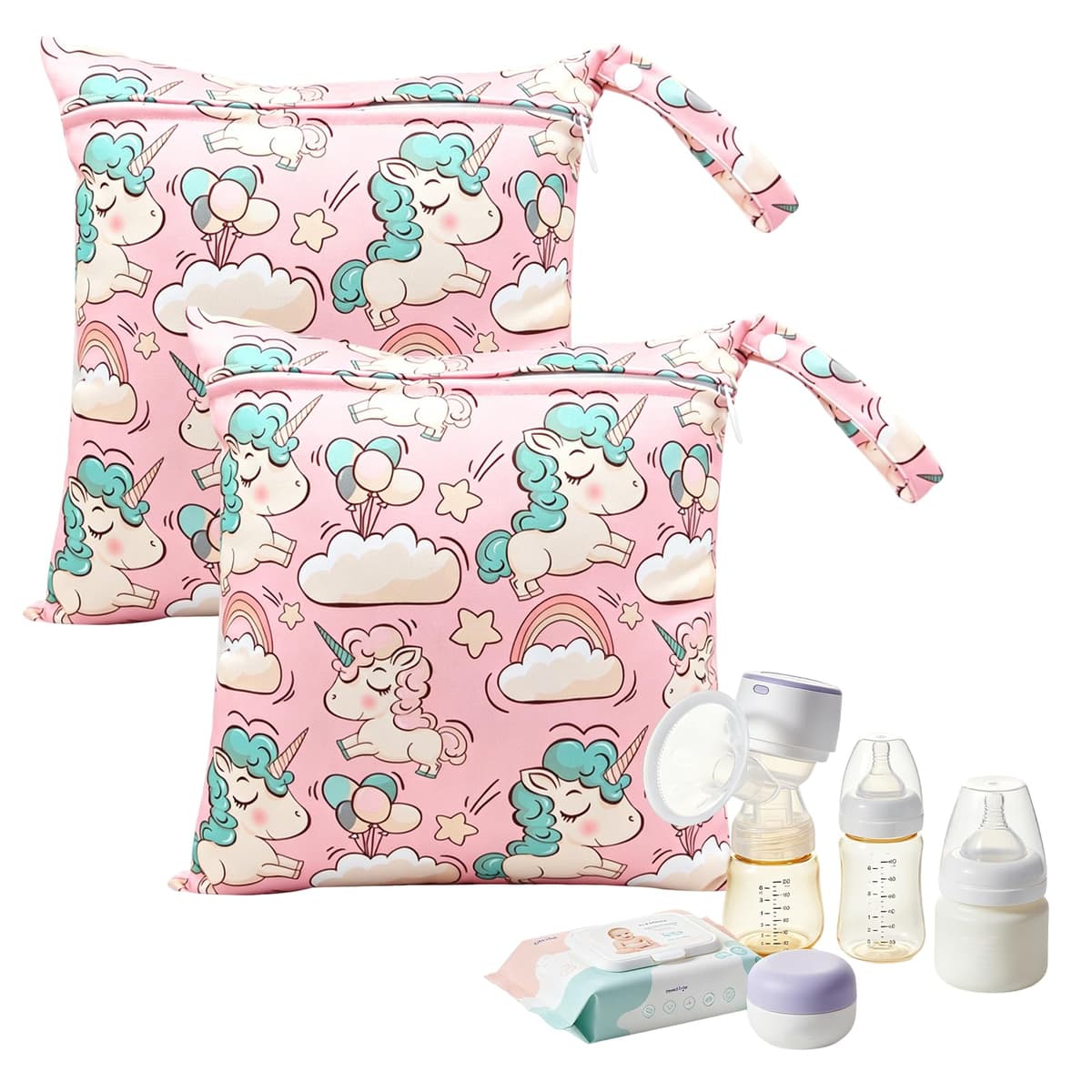 Cosiesnest 2 Packs Cartoon Print Wet Dry Bags | Waterproof Reusable Nappy & Swim Bag | Travel Laundry Bag,Single Zipper Pouch for Swimming, Beach, Nursery & Travel (12x11 inch) (B-Rainbow Horse) — view 2
