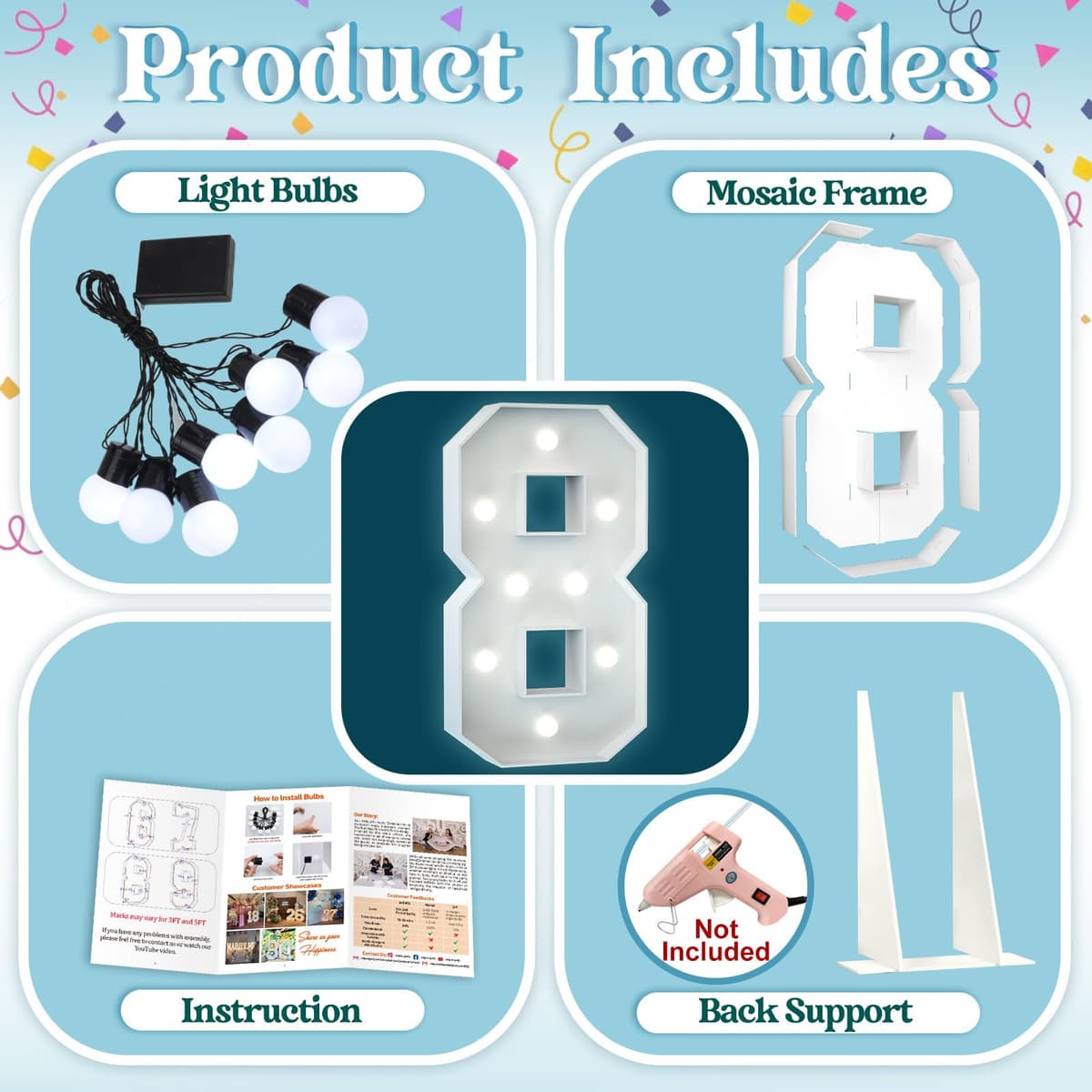 3FT Light Up Numbers Birthday Decoration Large Marquee Numbers 8 for 18th 80th Birthday Party Decor Wedding, Big Number Frame Foam Cardboard Mosaic Arch Stand Pre-cut Numbers — view 4