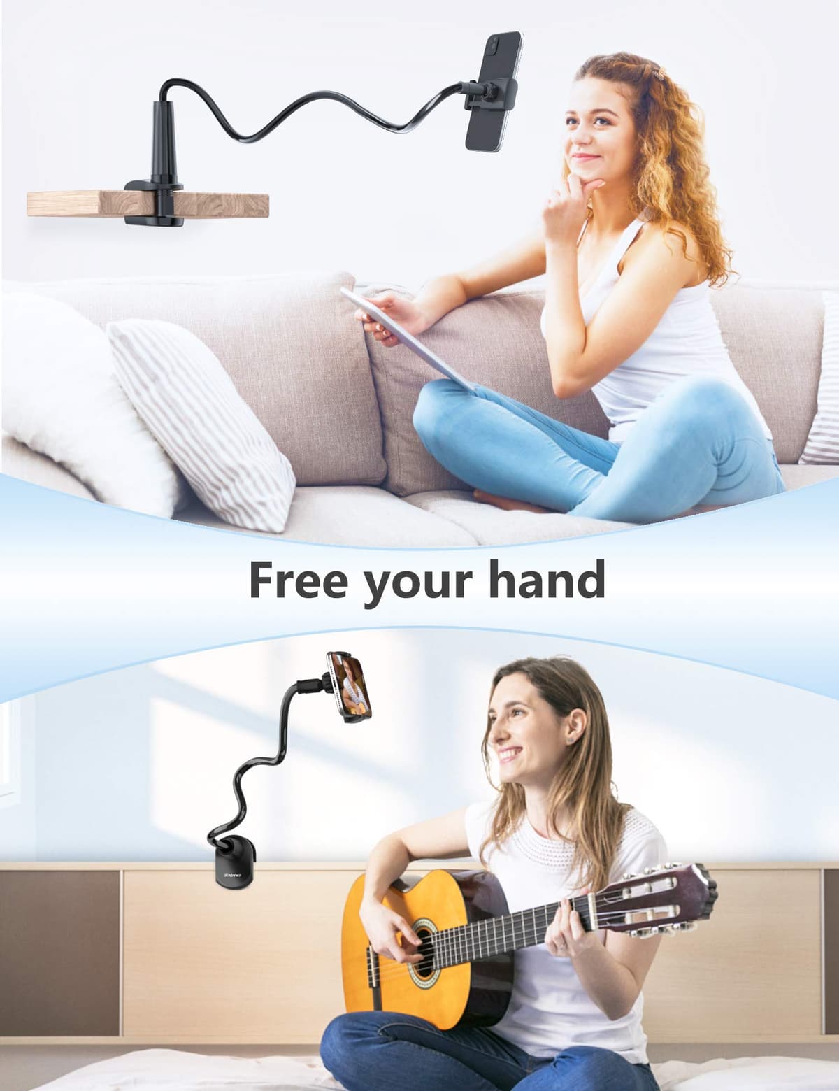 TRYONE Gooseneck Phone Holder Stand for Bed Flexible Arm Adjustable Cell Phones Mount Clamp on Desk Bedframe Compatible with iPhone 14 Pro Max 13 12 11 X SE Series/Samsung S22 or Other 4"-7" Devices — view 7