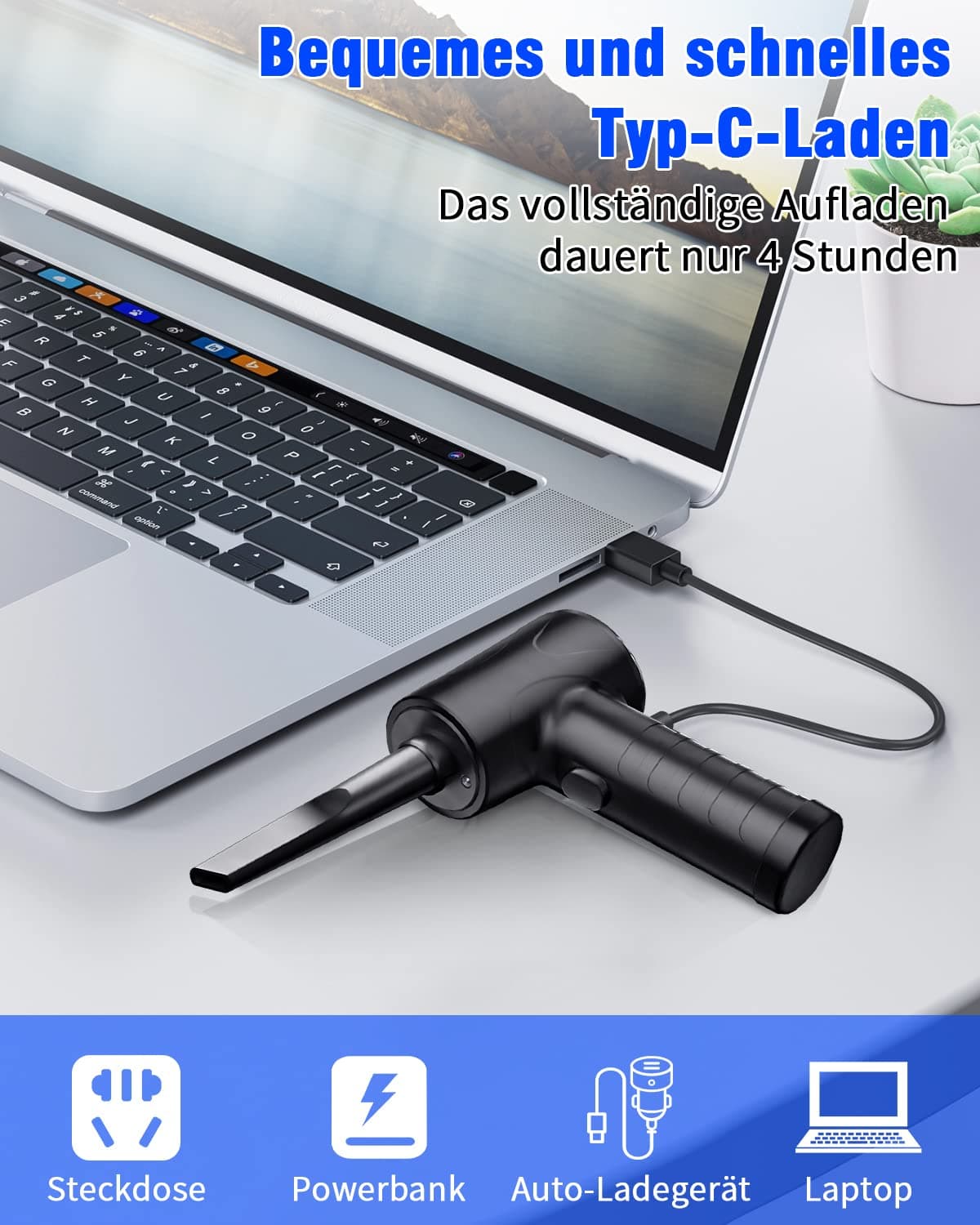 Soplador de Aire para pc, 3 Velocidades 91000 U/min Compressed Air Duster, USB Recargable Plumero Electrico Con batería de 6000mAh, Soplador Aire Comprimido para Laptop, Teclado, Coche — view 3
