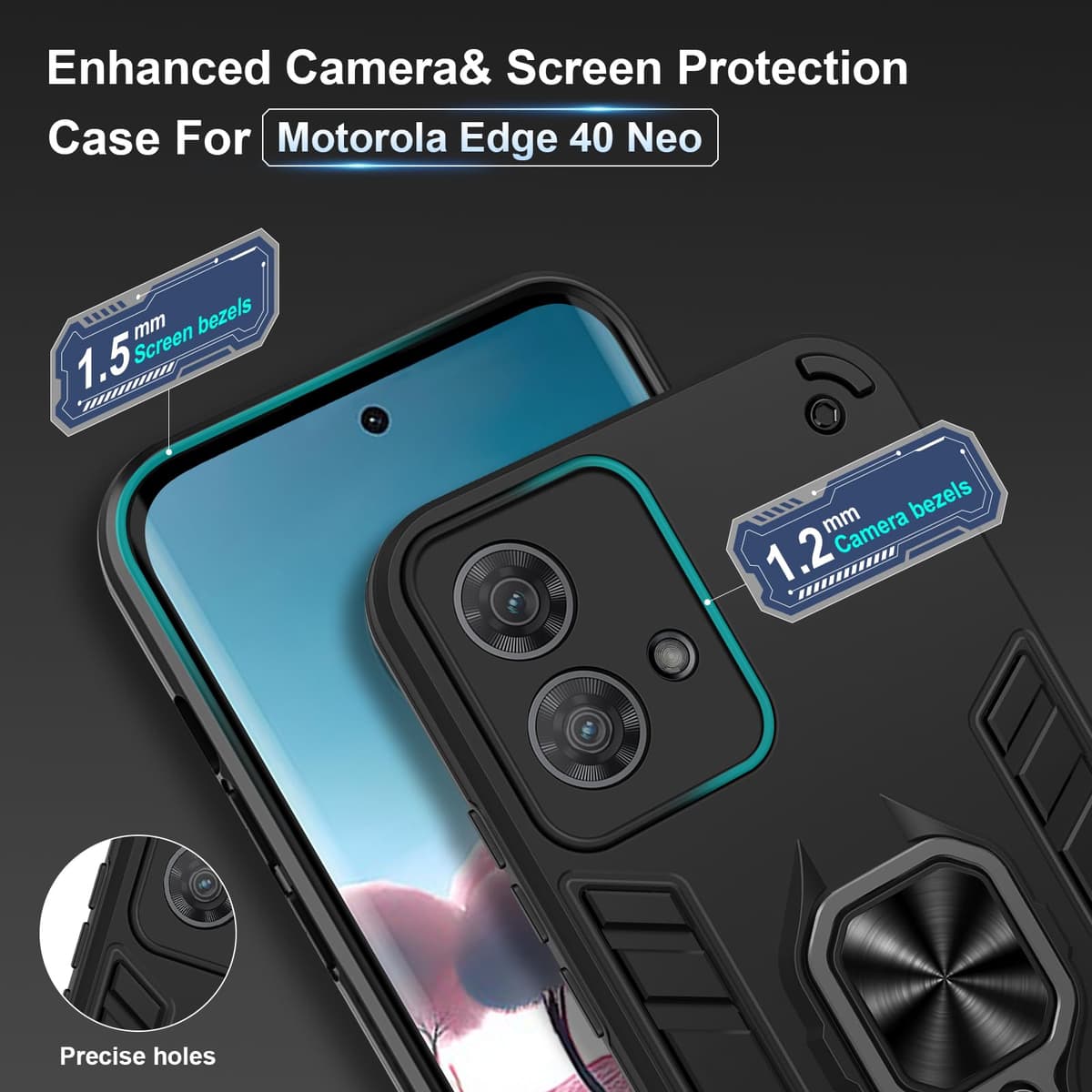 Funda para CMF Phone 2 Pro, Carcasa Antigolpes con Soporte anular metálico, Case Protectora de Grado Militar, Negro — view 363