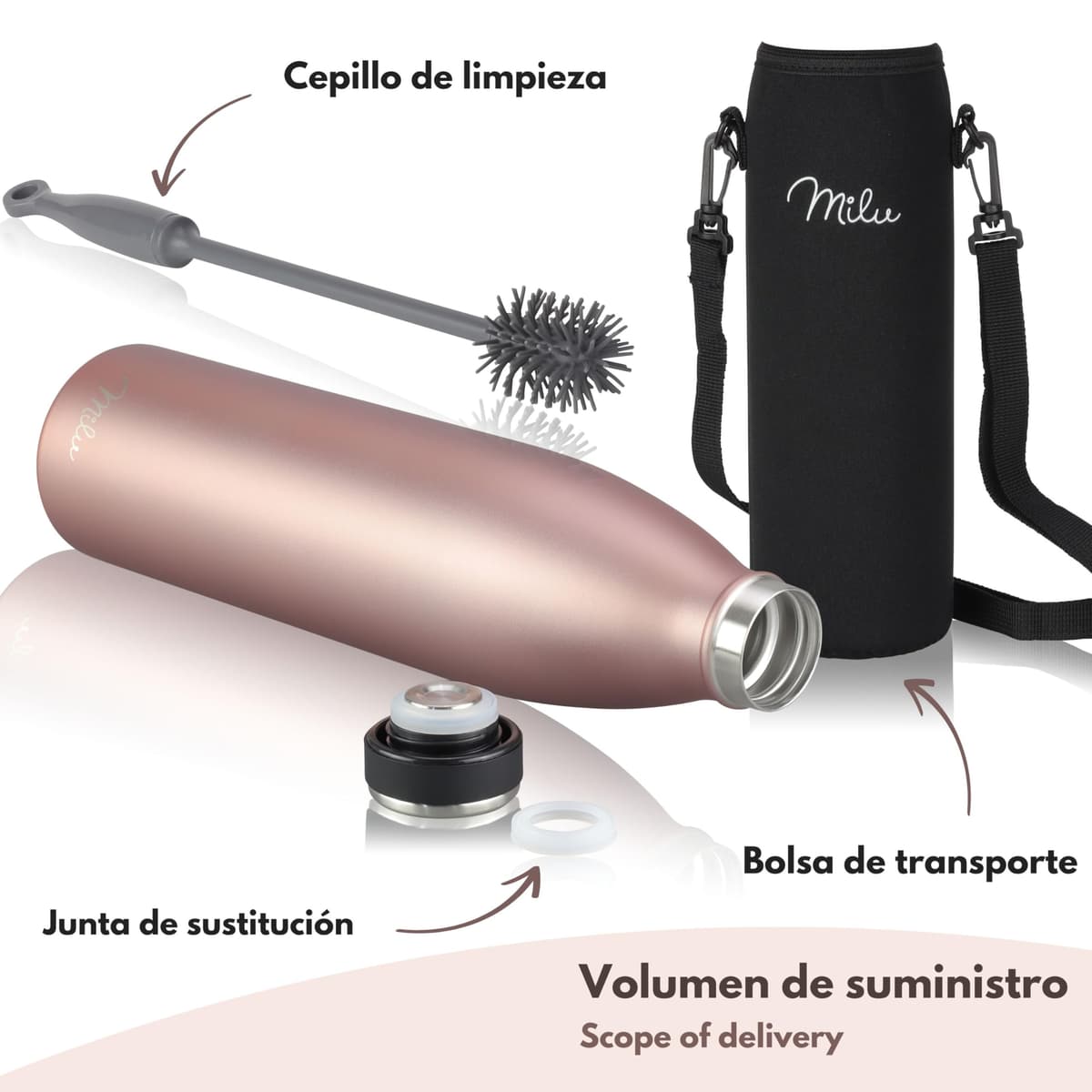 Milu Botella de acero inoxidable de 350ml 500ml 750 ml 1 L 1,5 L botella de agua aislada, termo a prueba de fugas, doble pared, apta para ácido carbónico + cepillo de limpieza (Azul Violeta, 350ml) — view 127
