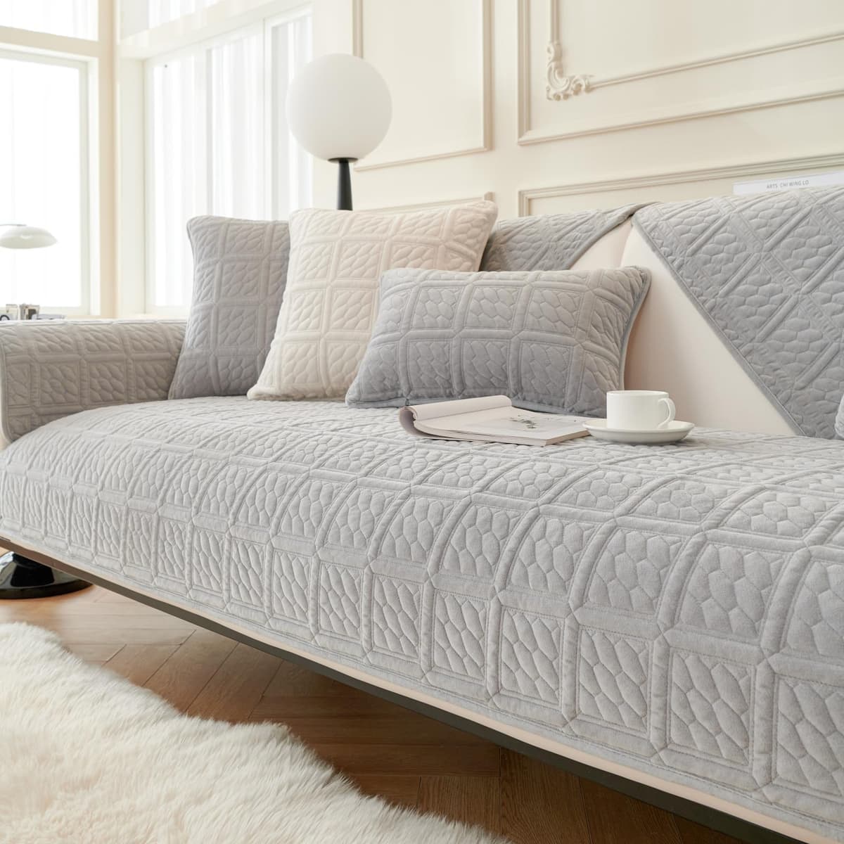 SHANNA Thick Rabbit Plush Sofa Cover 1 2 3 Seater, New Universal Non-Slip Corner Sofa Cover L Shape Super Soft Faux Fur Sofa Slipcovers for Living Room(Grey, 70 * 180cm Seater Cover) — view 34