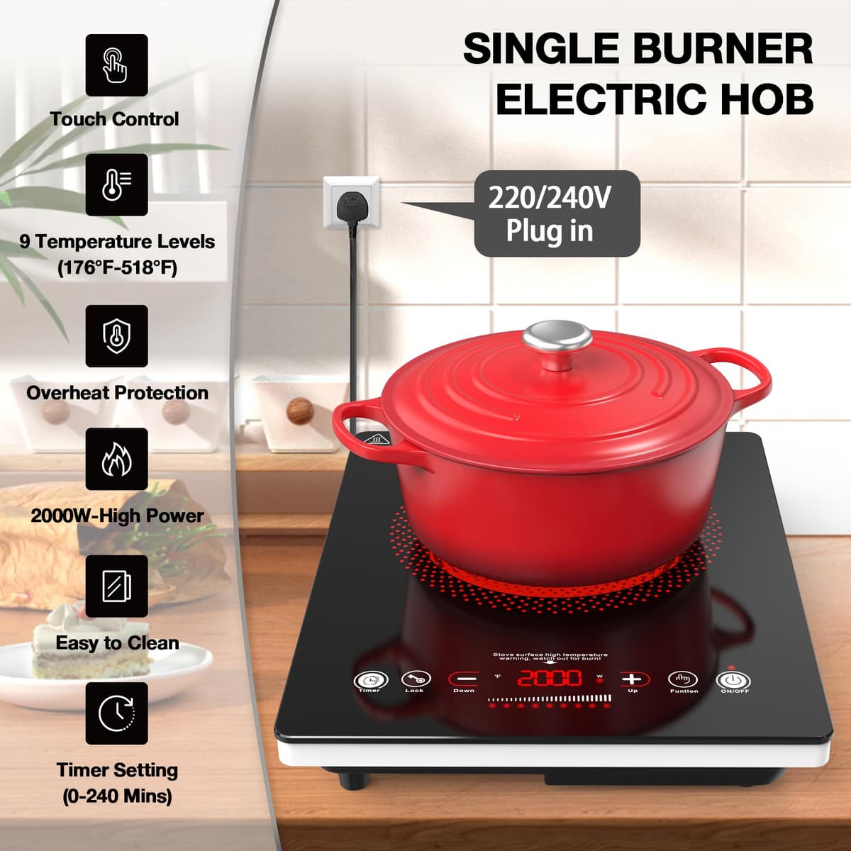 VBGK Electric Ceramic Hob with Plug-in, Single Electric Hob, Single Cooking Zone with LCD Touch Screen, 4-Hour Timer, 9 Power Levels Up to 2000W, Safety Lock, 220-240V — view 3