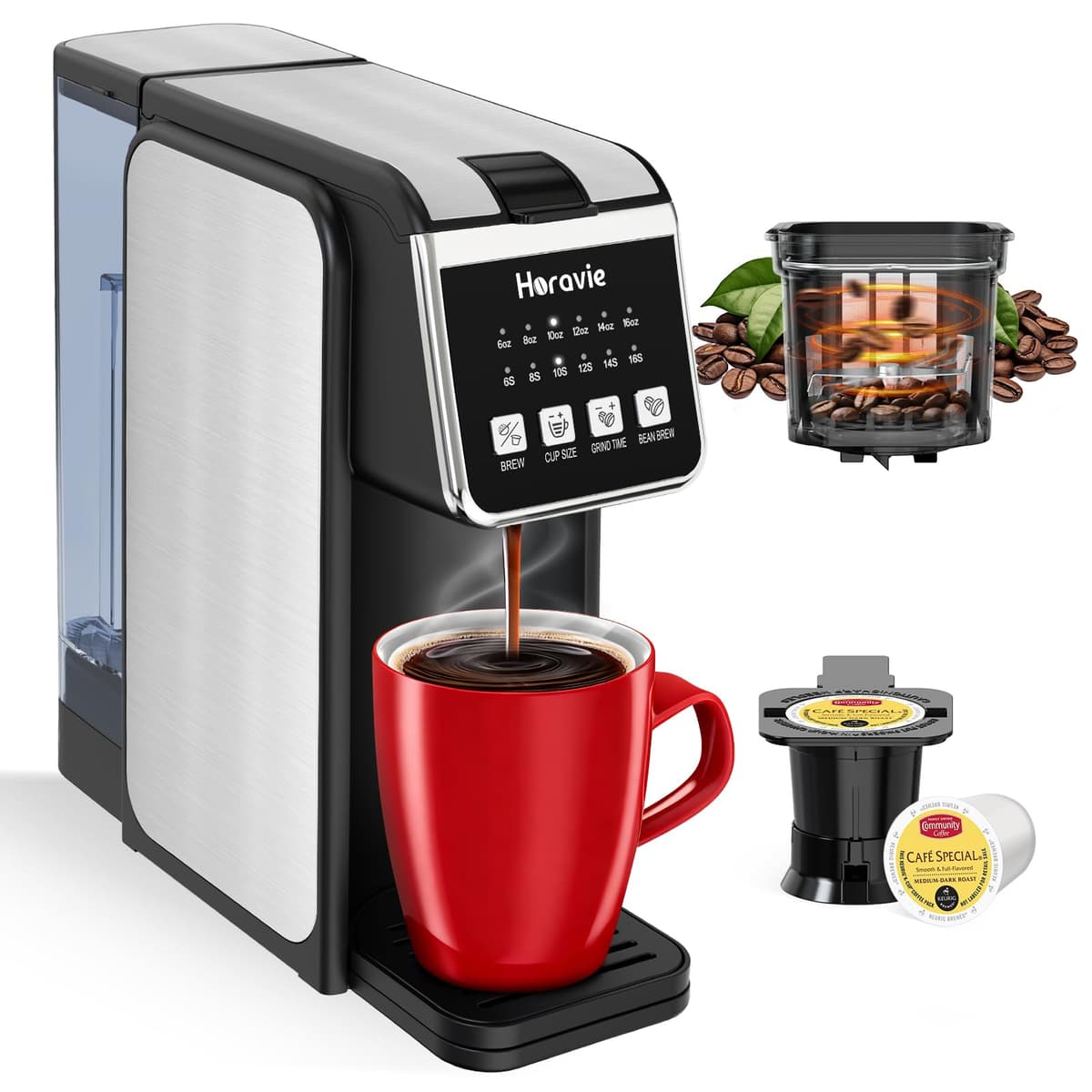 Horavie Single Serve Coffee Maker with Built-in Grinder, Fast Brew 6-16oz Single Cup for Whole Beans, Grounds, K Pod, Grind and Brew Coffee Maker with 47oz Water Tank, Descaling Alert, Black