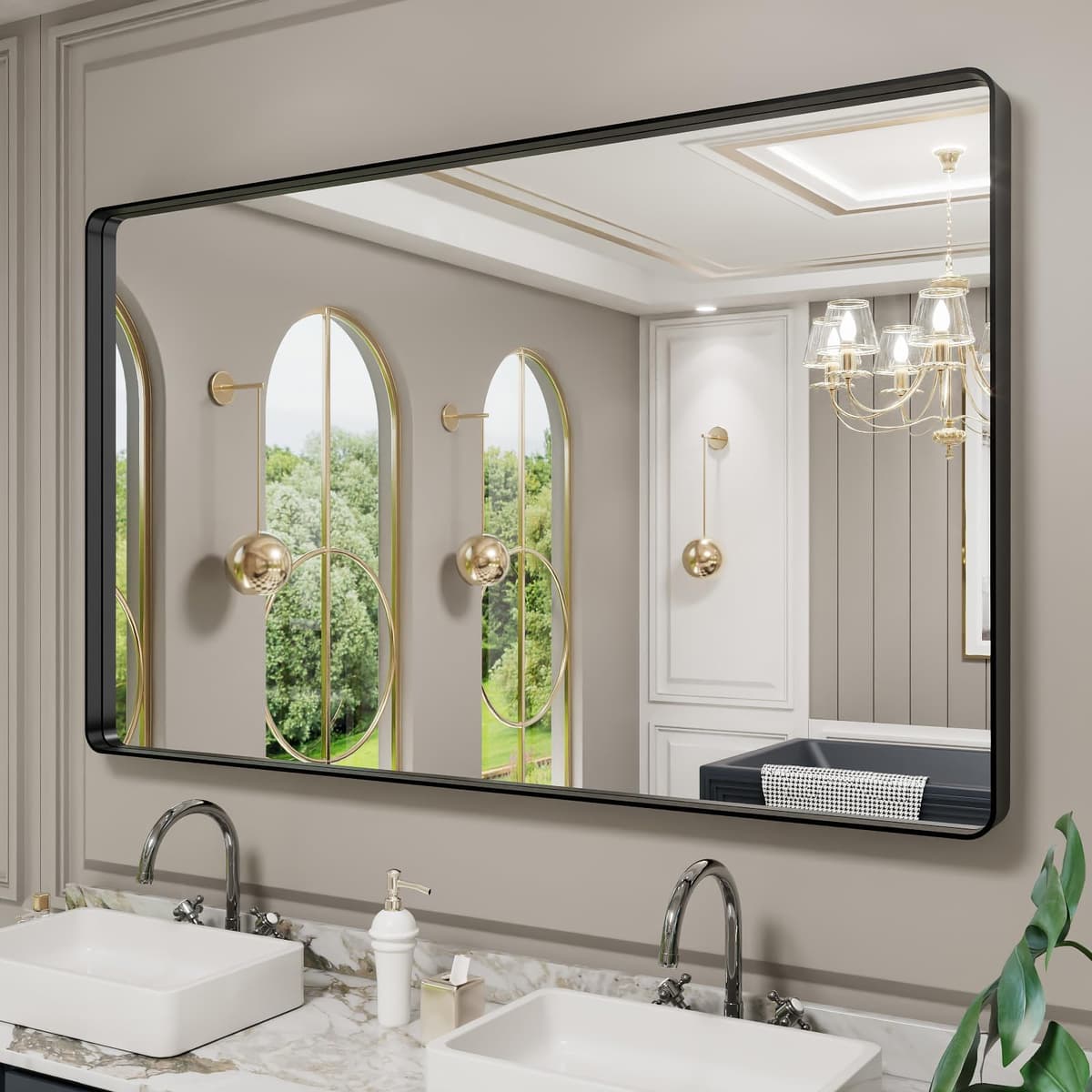 LOAAO 48”X36” Gold Bathroom Mirror, Rounded Rectangle Gold Frame Mirror, Brushed Gold Bathroom Vanity Mirror Wall-Mounted, Anti-Rust, Tempered Glass, Hangs Horizontally or Vertically — view 80