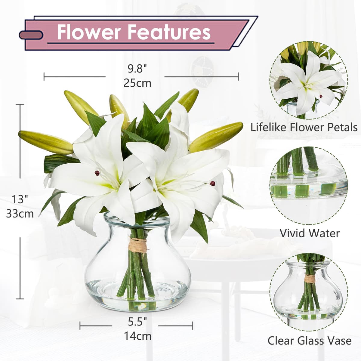 Artificial Flowers Tiger Lily Real Touch with Vase Easter Lily White Lilies Silk Faux Flowers Arrangements in Glass Vase with Faux Water Easter Decor Fake Floral Bulk Bouquet for Office Home Decor — view 2