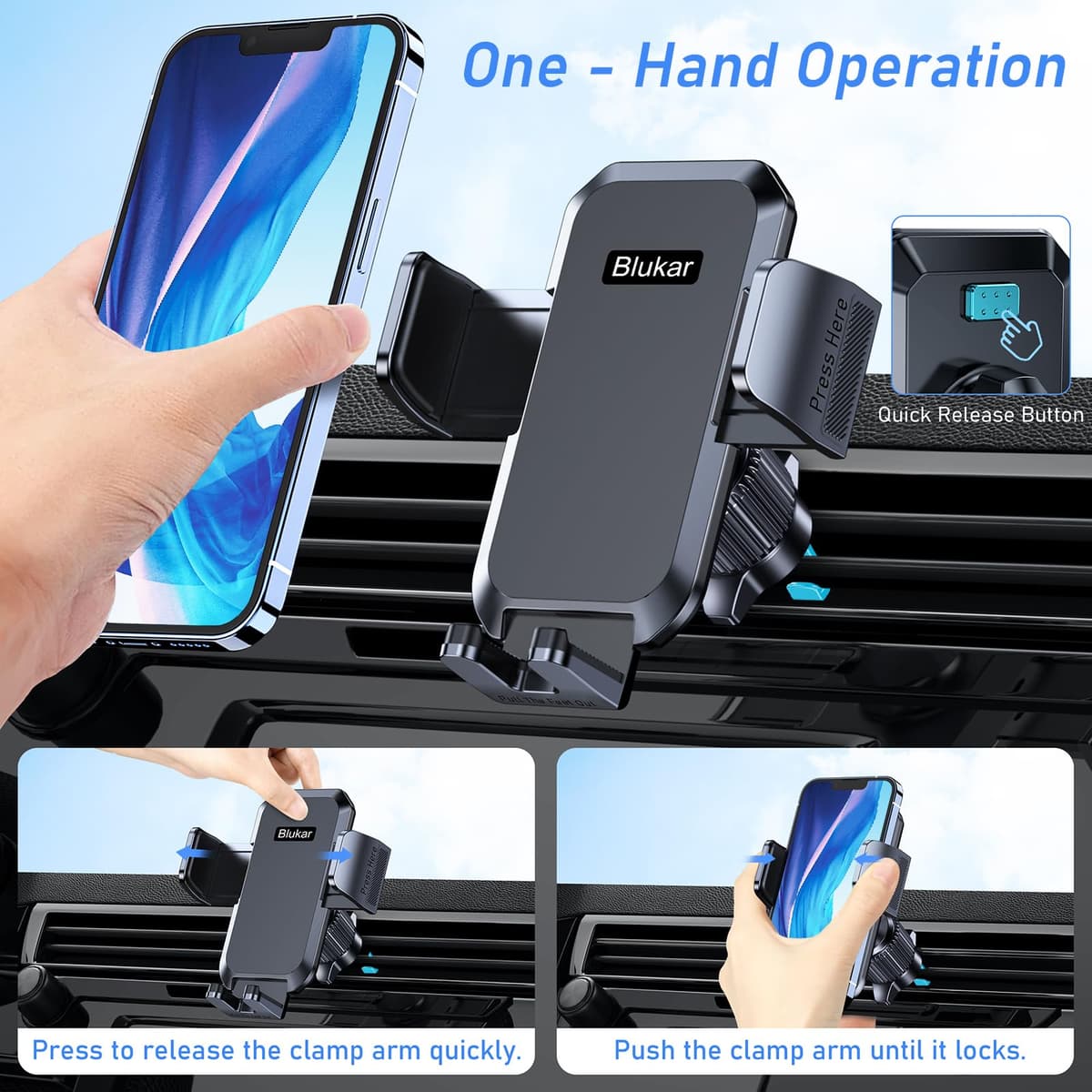 Blukar Car Phone Holder, Air Vent Car Phone Mount Cradle for 360° Rotation, Upgraded Ultra Stable Hook Clip - One Button Release Function for iPhone, Galaxy All 4.0''-7.0'' Smartphones — view 2