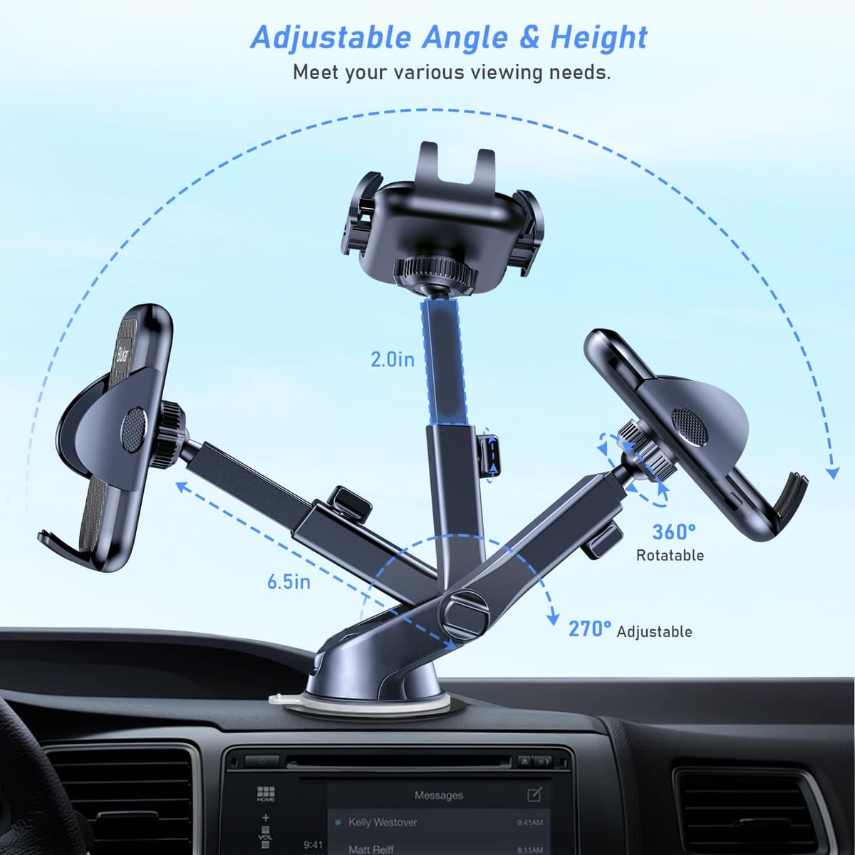 Blukar Car Phone Holder, Adjustable Car Phone Mount Cradle 360° Rotation - 4 in 1 Super Stable for Dashboard/Windscreen/Air Vent, One Button Release for All 4.7 to 6.7 inch Smartphones — view 5