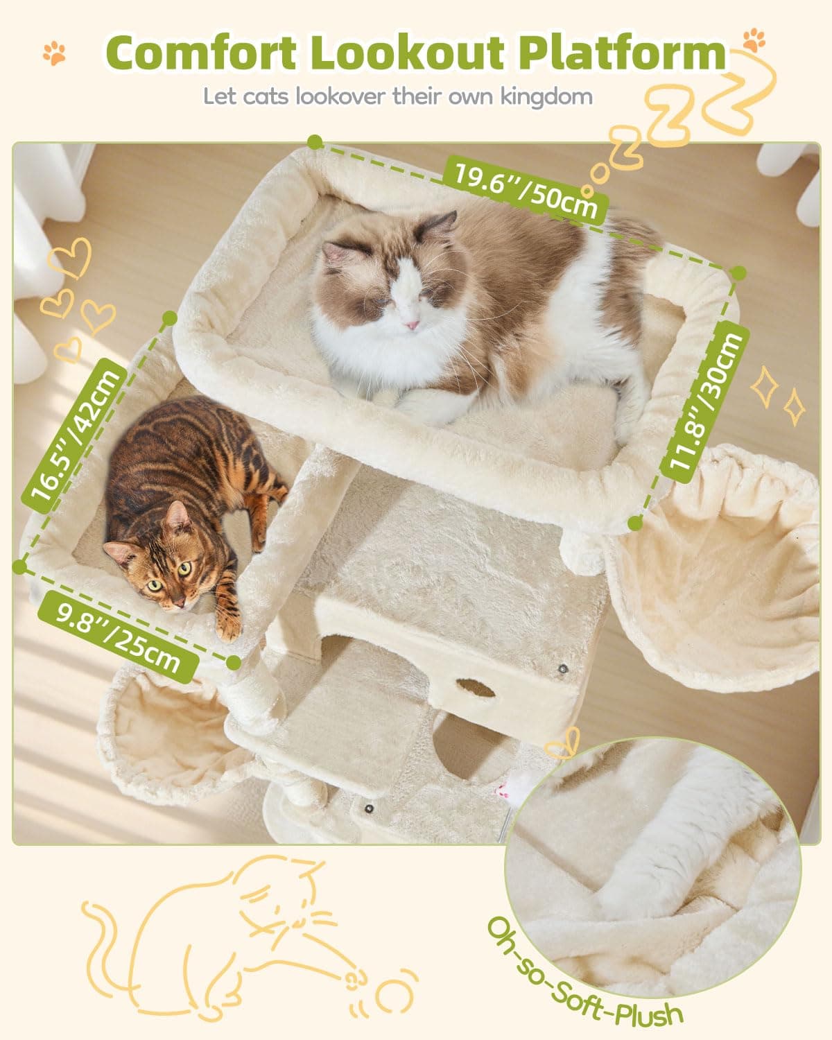 Taoqimiao Rascador para Gatos Grandes, 193cm Arbol Rascador para Gatos com 2 Espacioso Cuevas, 2 Cesta, Hamaca MS046M Beige — view 5