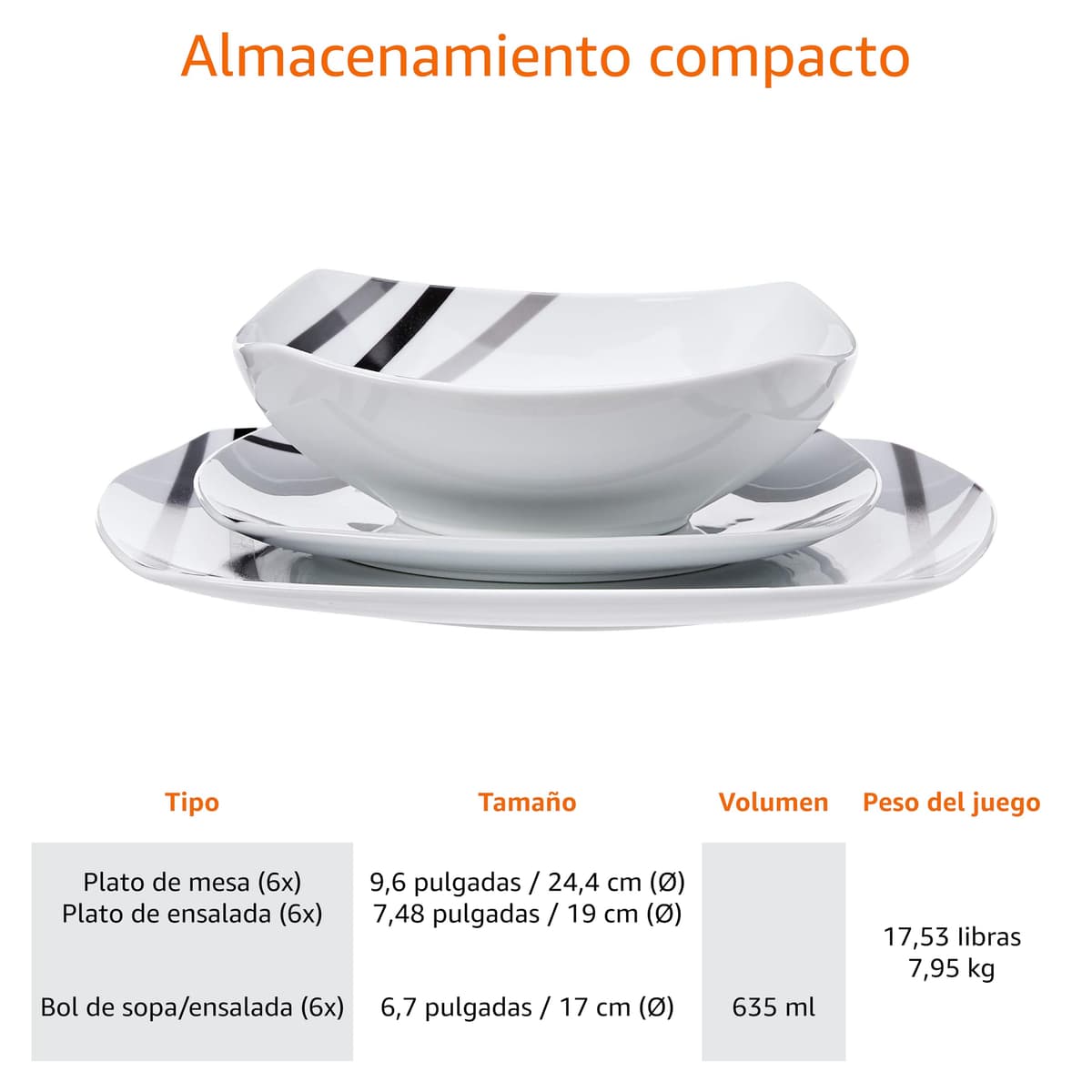 Amazon Basics Vajilla de 18 Unidad, Líneas modernas, 6 servicios — view 3