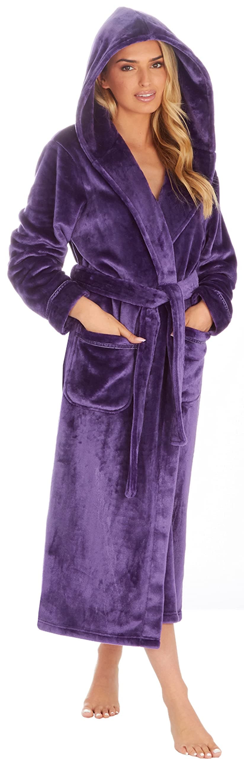 KATE MORGAN Ladies Dressing Gown Fluffy Super Soft Hooded Bathrobe for Women Plush Fleece Perfect Loungewear Long Robe | Gifts for Women — view 34