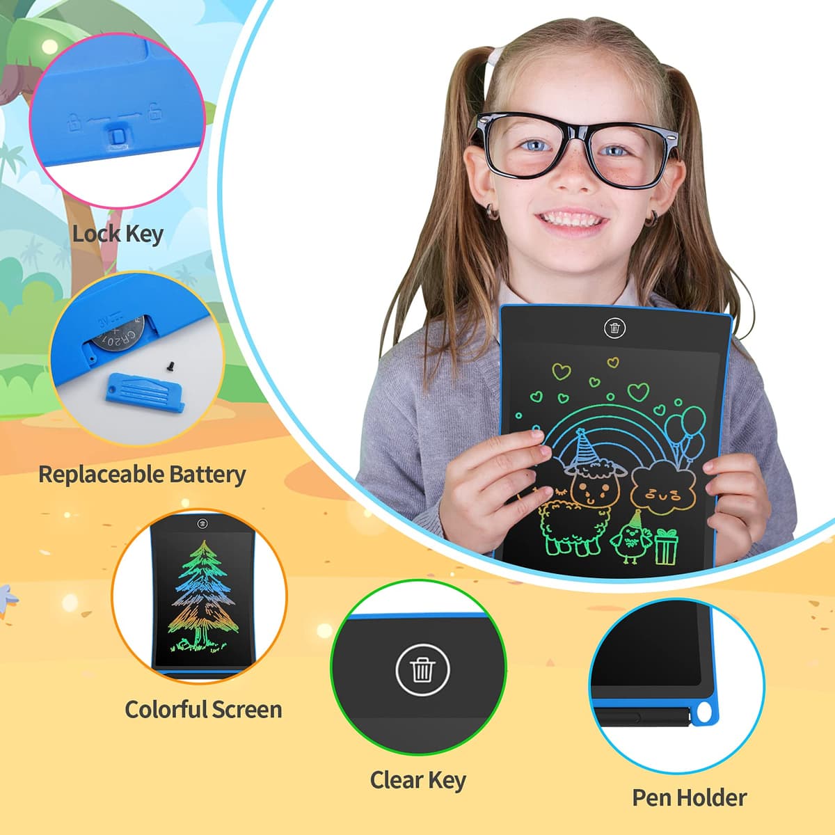 HOMESTEC 2 Pack Kids Doodle Boards, 8.5 Inch Colorful LCD Writing Tablets, Toys for Boys and Girls 3 4 5 6 Years Old as Christmas Birthday Gifts (Pink & Blue) (HT-0802-2PCS) — view 3