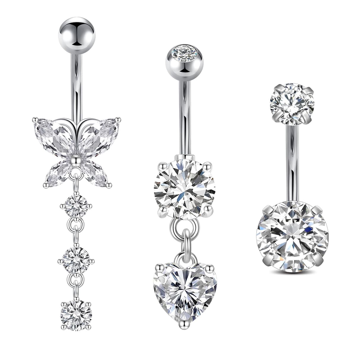 FECTAS 3pcs Belly Button Bars Silver Gold Belly Bar Surgical Steel 14G Navel Bars Belly Button Piercing Jewellery Heart Butterfly Dangle — view 5