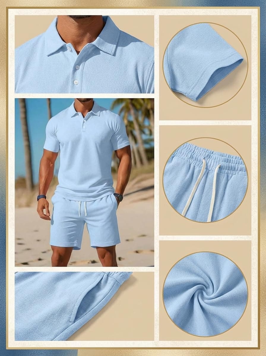 Conjunto de 2 piezas para hombre, camiseta polo y pantalones cortos, conjunto deportivo deportivo para correr y verano — view 4