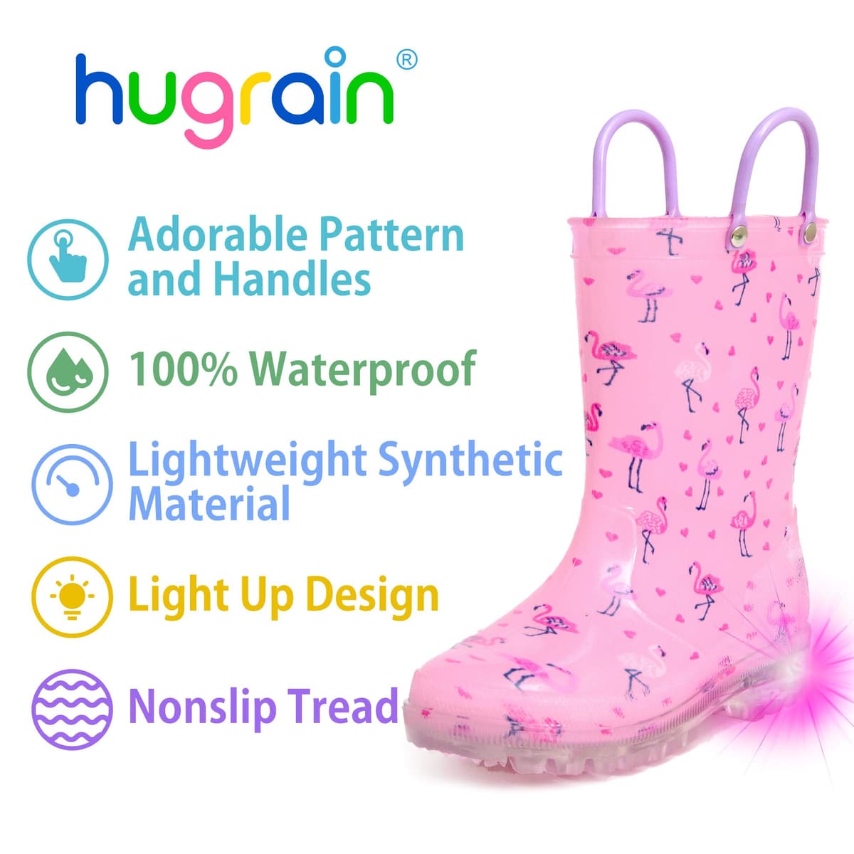 Hugrain Kids Adorable Light Up Wellies with Easy On Handles — view 2