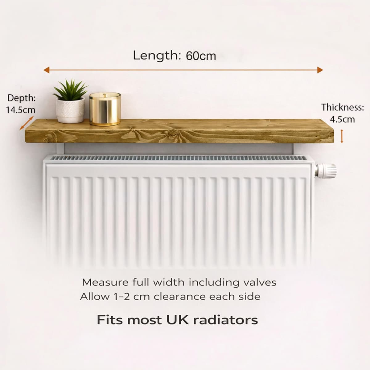 MKGT No Drill Radiator Shelf – Solid Wood Floating Shelf for Hallway & Living Room – Handmade in UK Radiator Cover Top Shelf with Brackets (Dark Oak, 60cm) — view 2