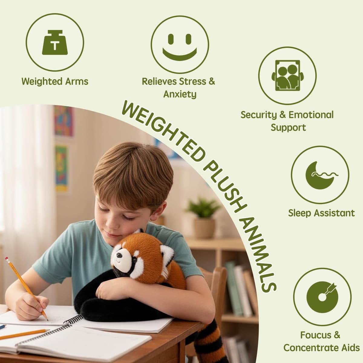 Weighted Plush Animals for Kids & Adults - Panda Teddy Bear Dinosaur Stuffed Toys, Hugging Pillow for Anxiety Relief & Sleep Support (Red Panda, 45cm) — view 3